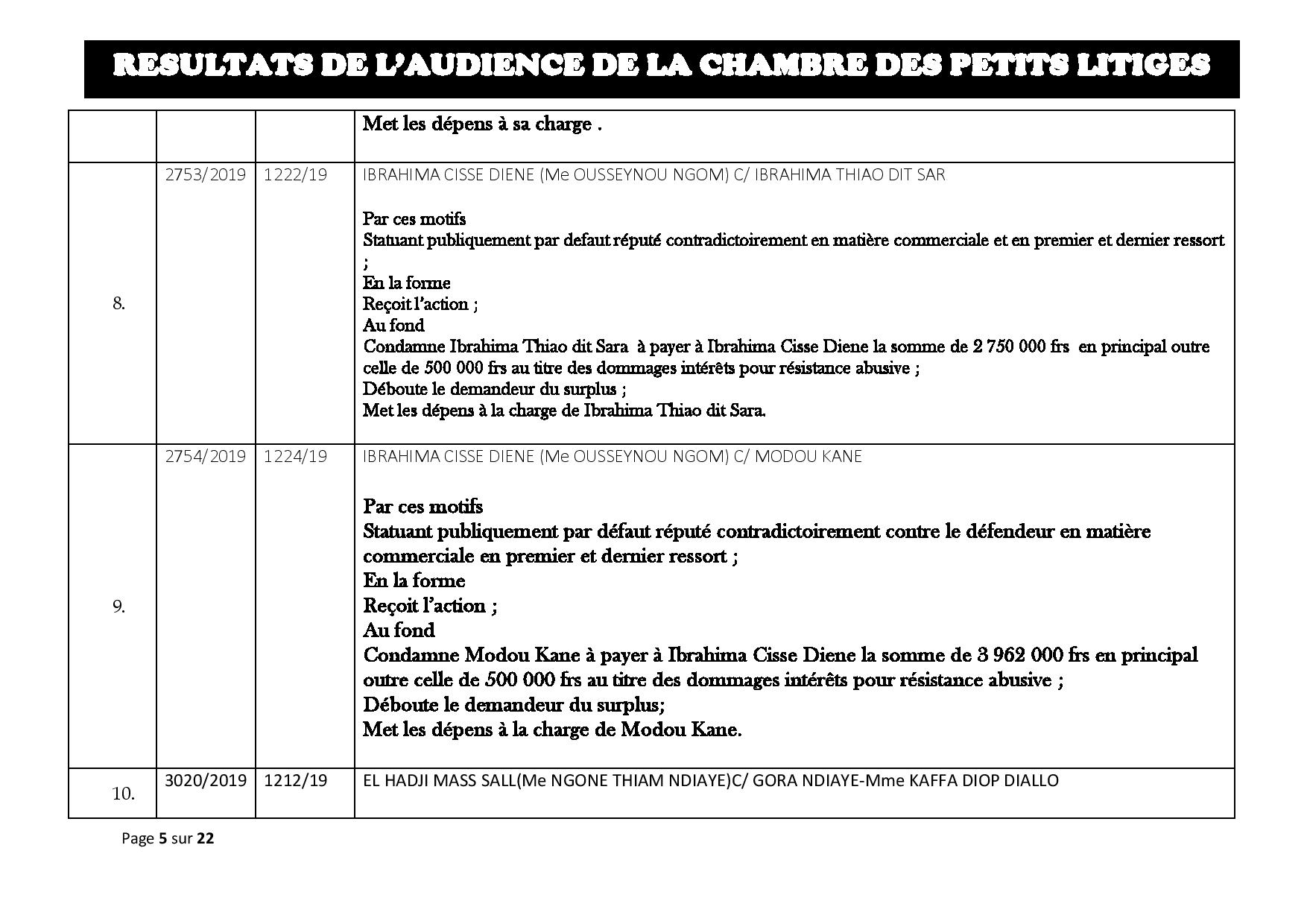 Tribunal du Commerce: Délibérés des Audiences du mardi 20 août 2019