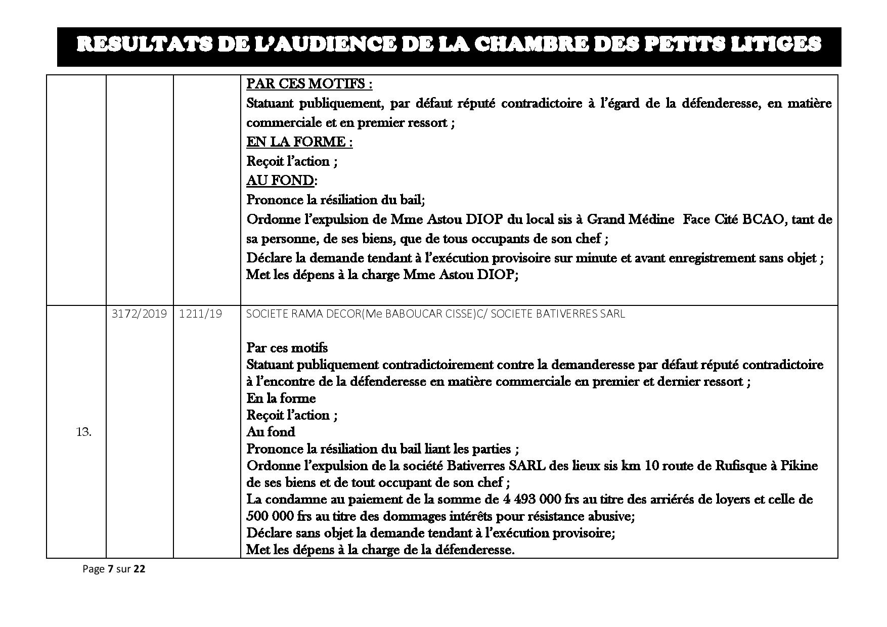 Tribunal du Commerce: Délibérés des Audiences du mardi 20 août 2019