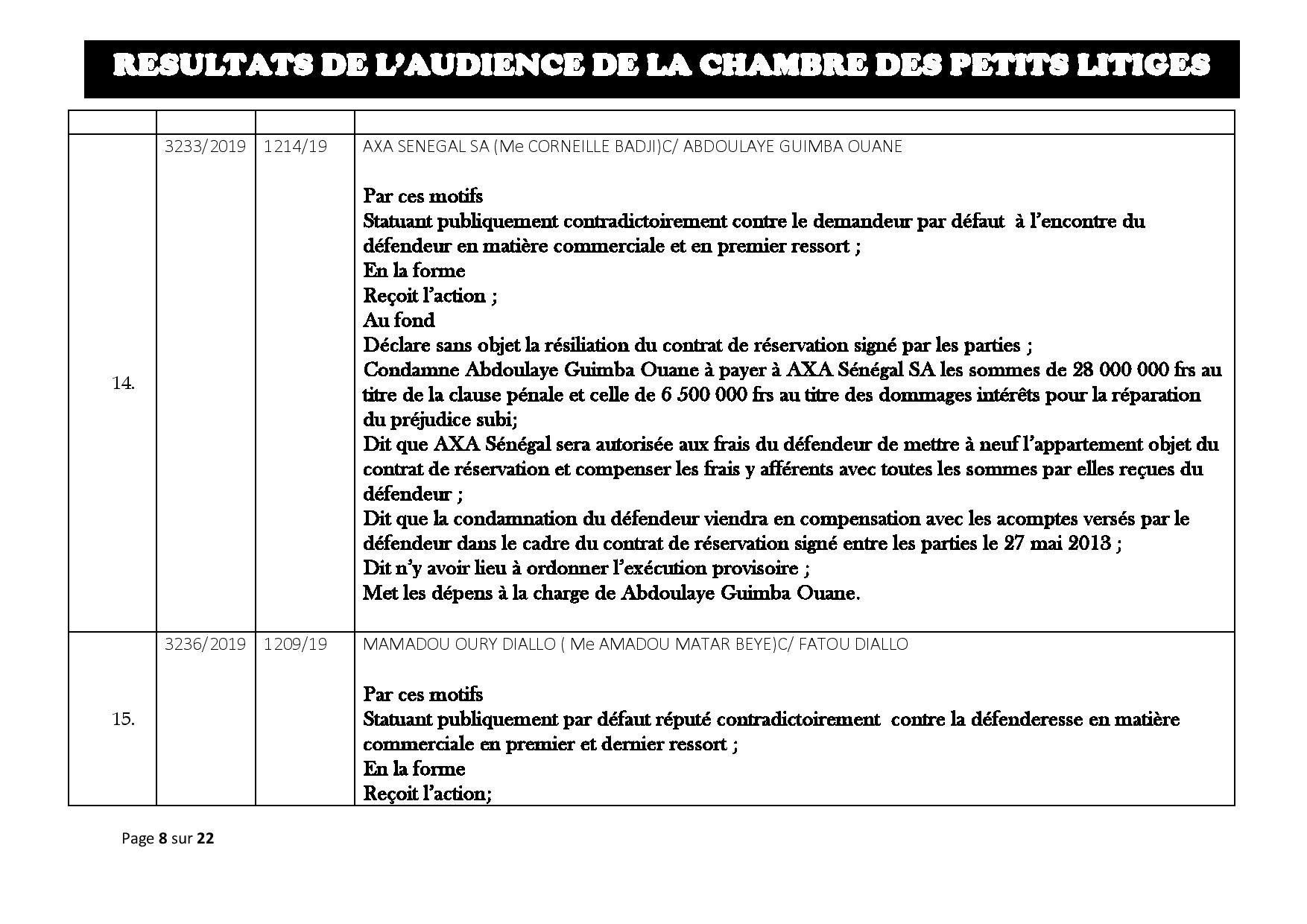 Tribunal du Commerce: Délibérés des Audiences du mardi 20 août 2019