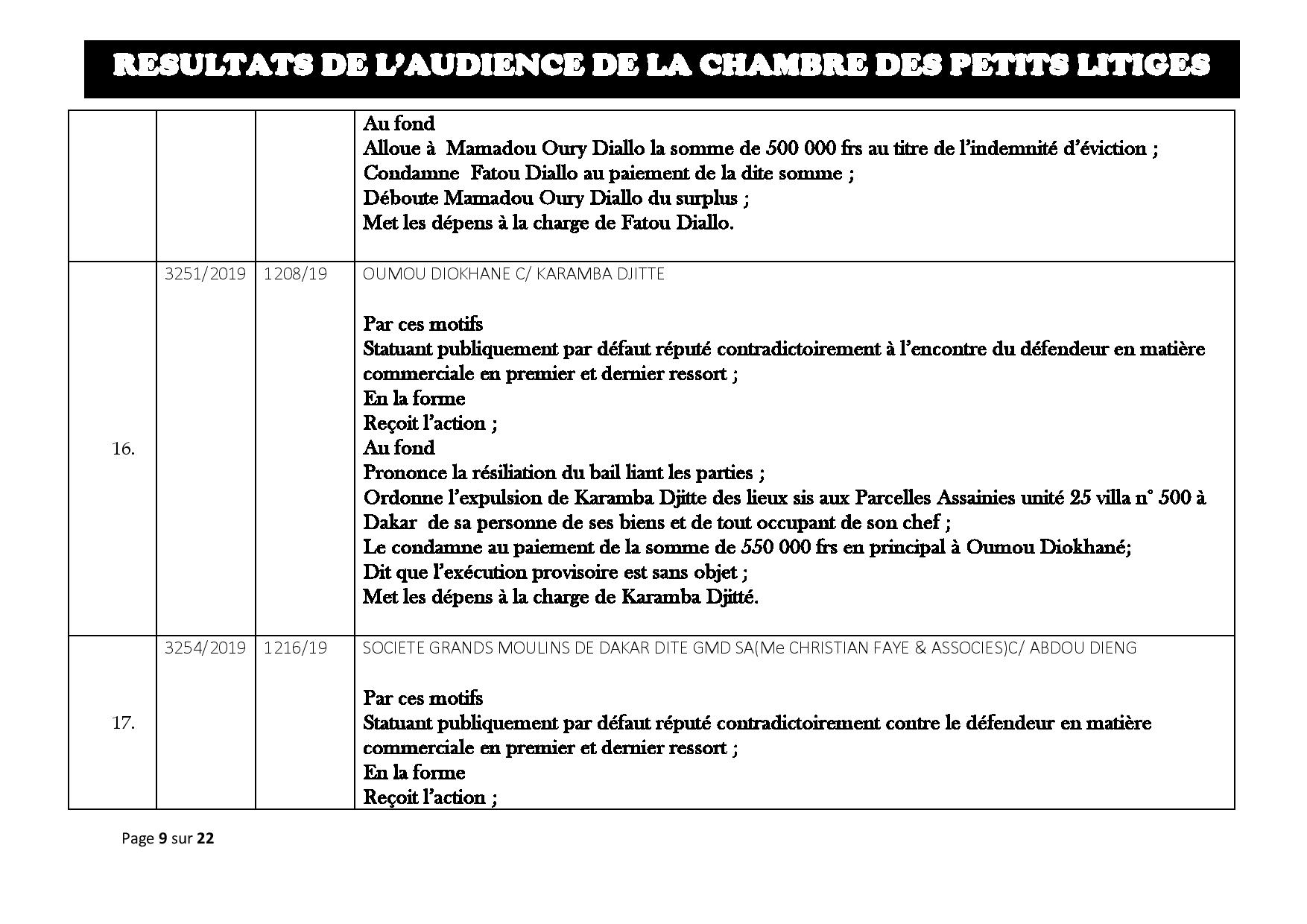 Tribunal du Commerce: Délibérés des Audiences du mardi 20 août 2019