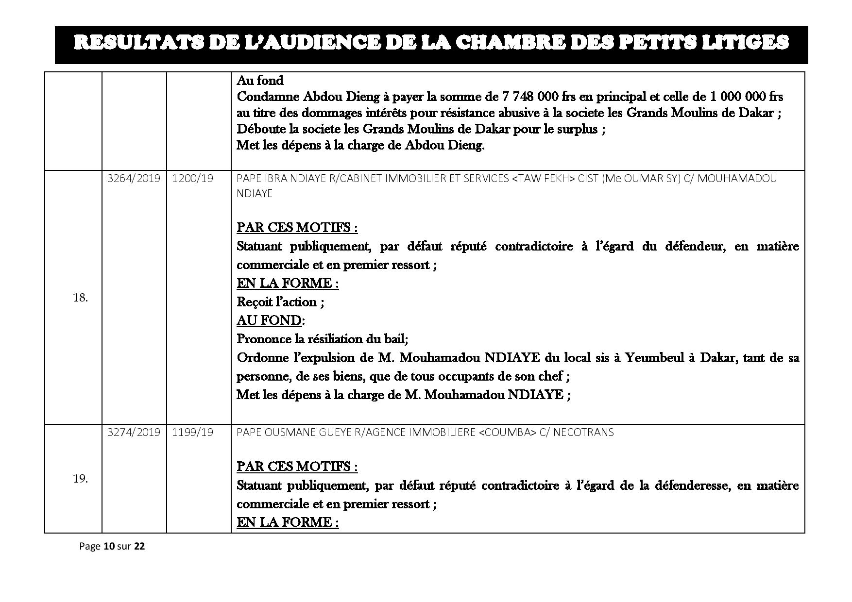 Tribunal du Commerce: Délibérés des Audiences du mardi 20 août 2019