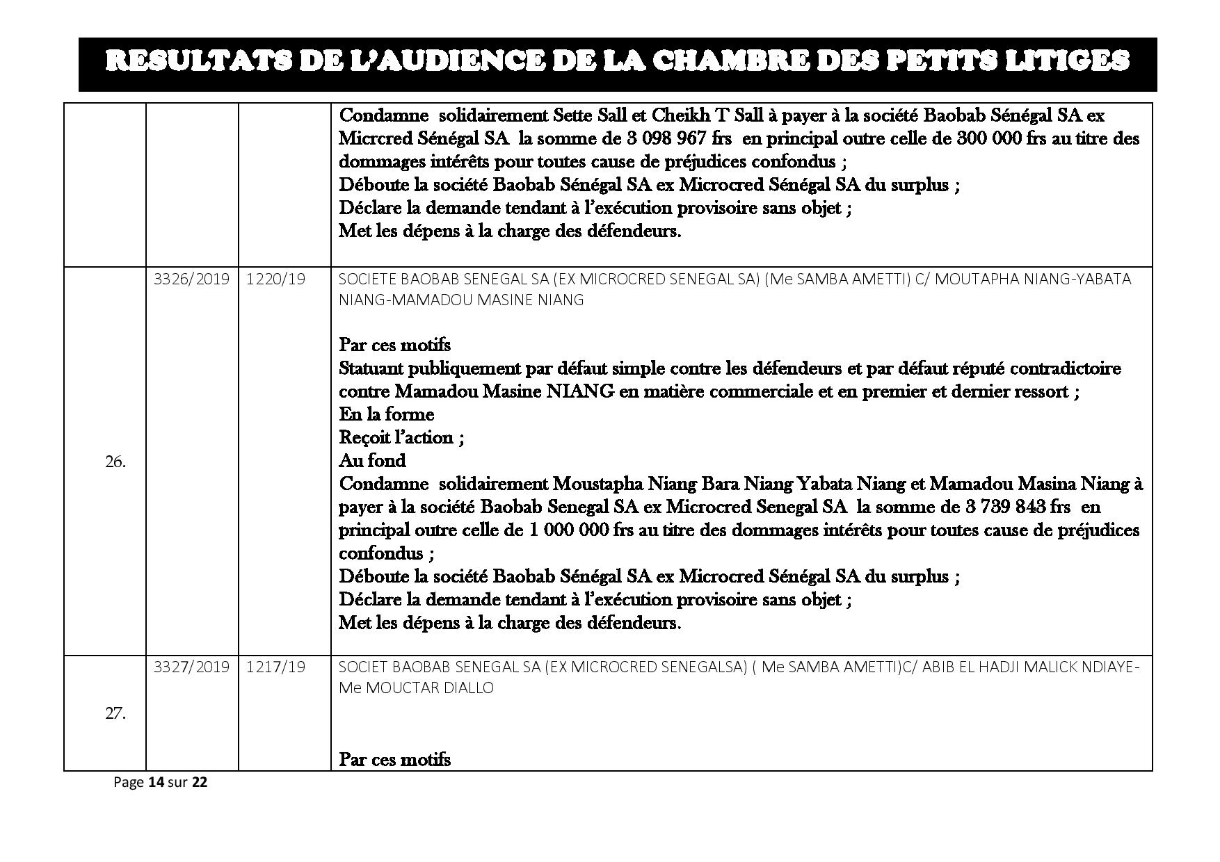 Tribunal du Commerce: Délibérés des Audiences du mardi 20 août 2019