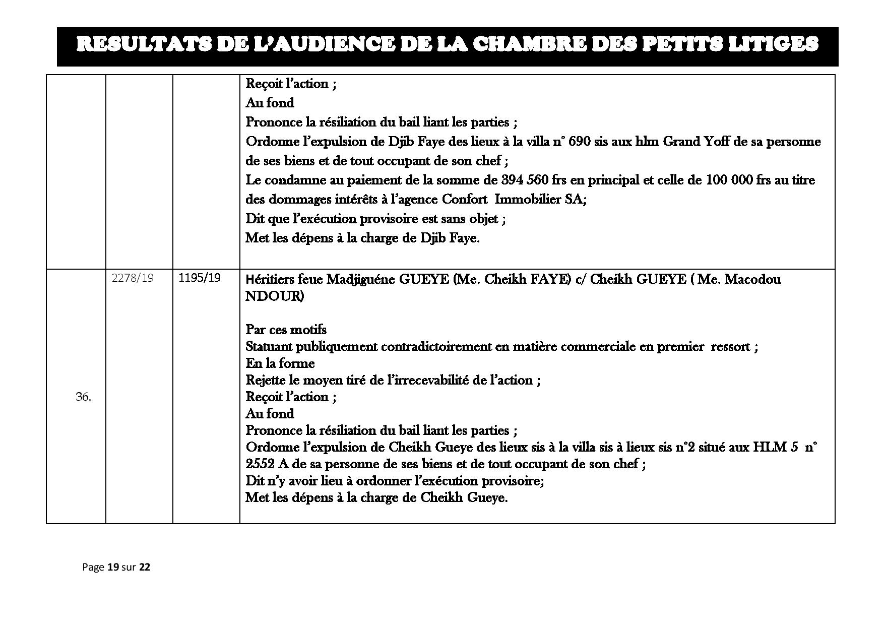 Tribunal du Commerce: Délibérés des Audiences du mardi 20 août 2019