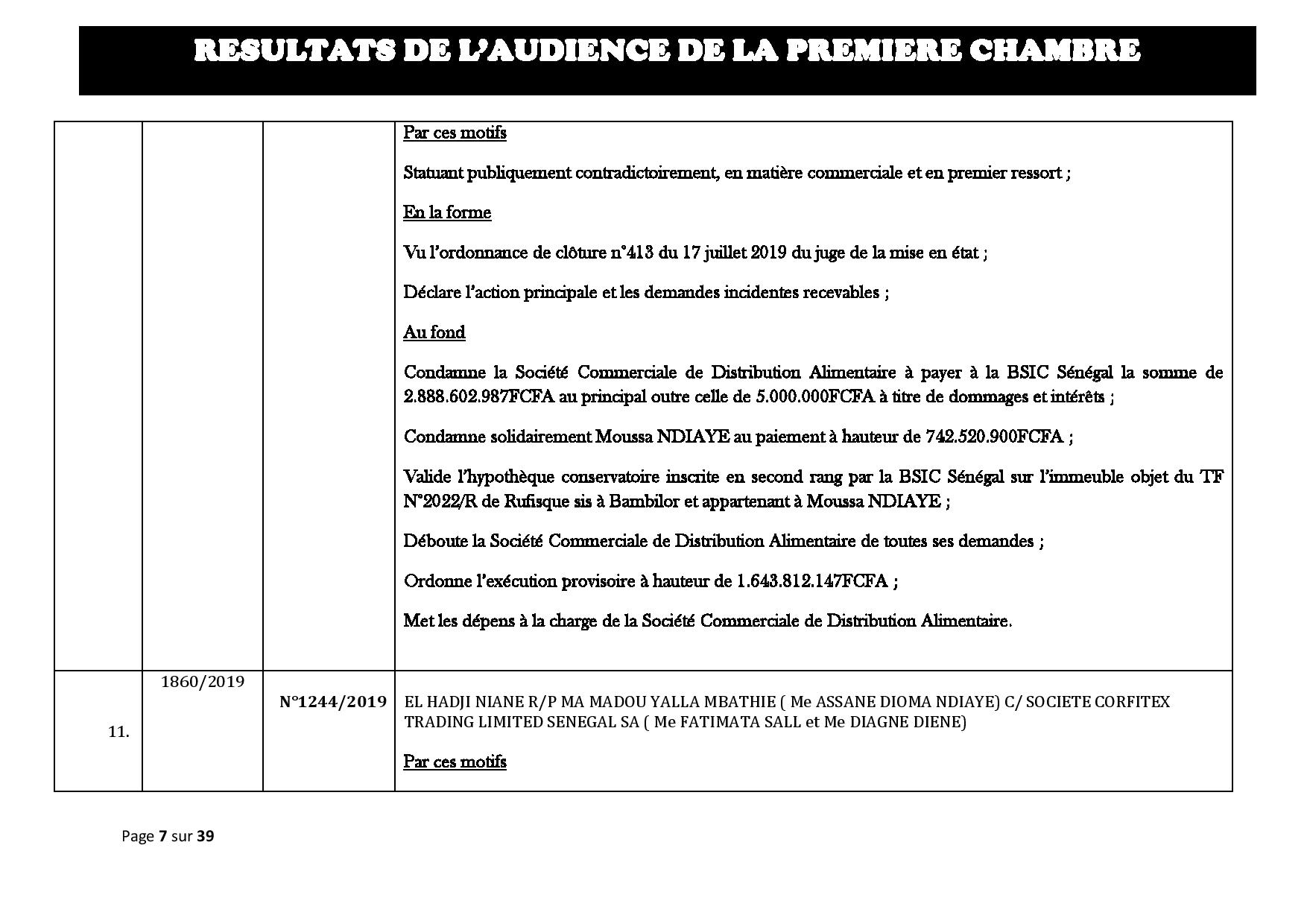 Tribunal du Commerce: Délibérés des Audiences du mercredi 21 août 2019