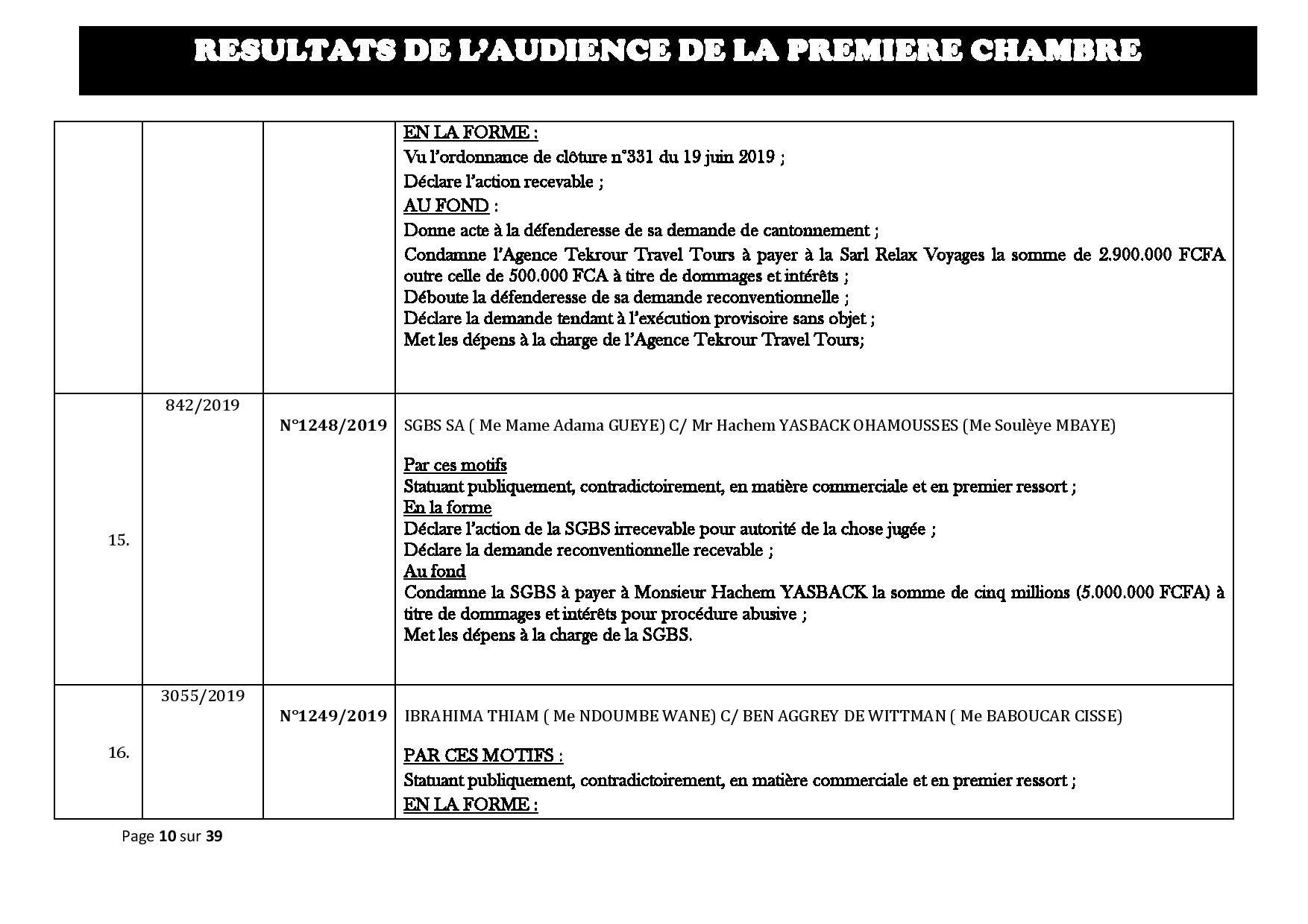 Tribunal du Commerce: Délibérés des Audiences du mercredi 21 août 2019