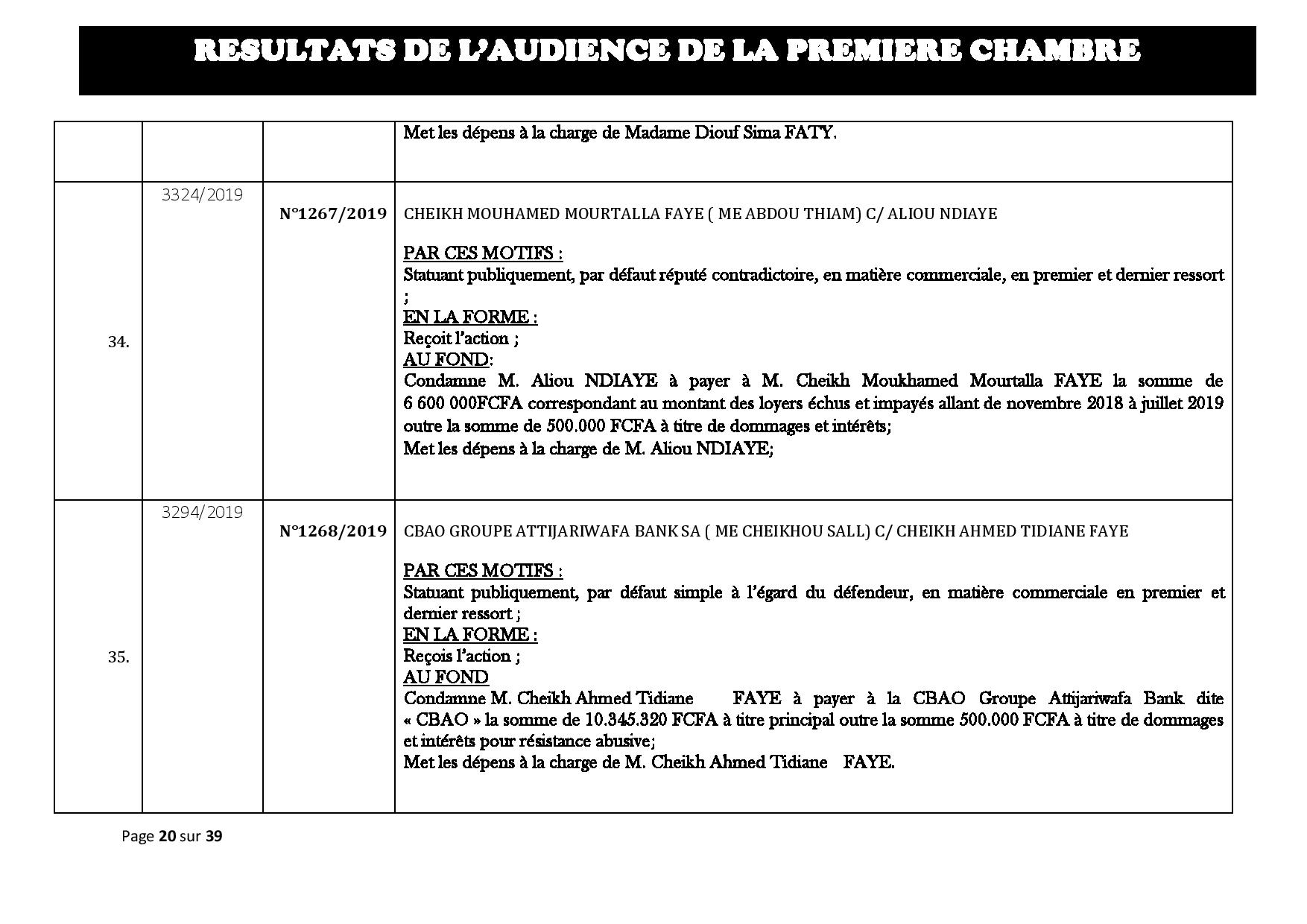 Tribunal du Commerce: Délibérés des Audiences du mercredi 21 août 2019