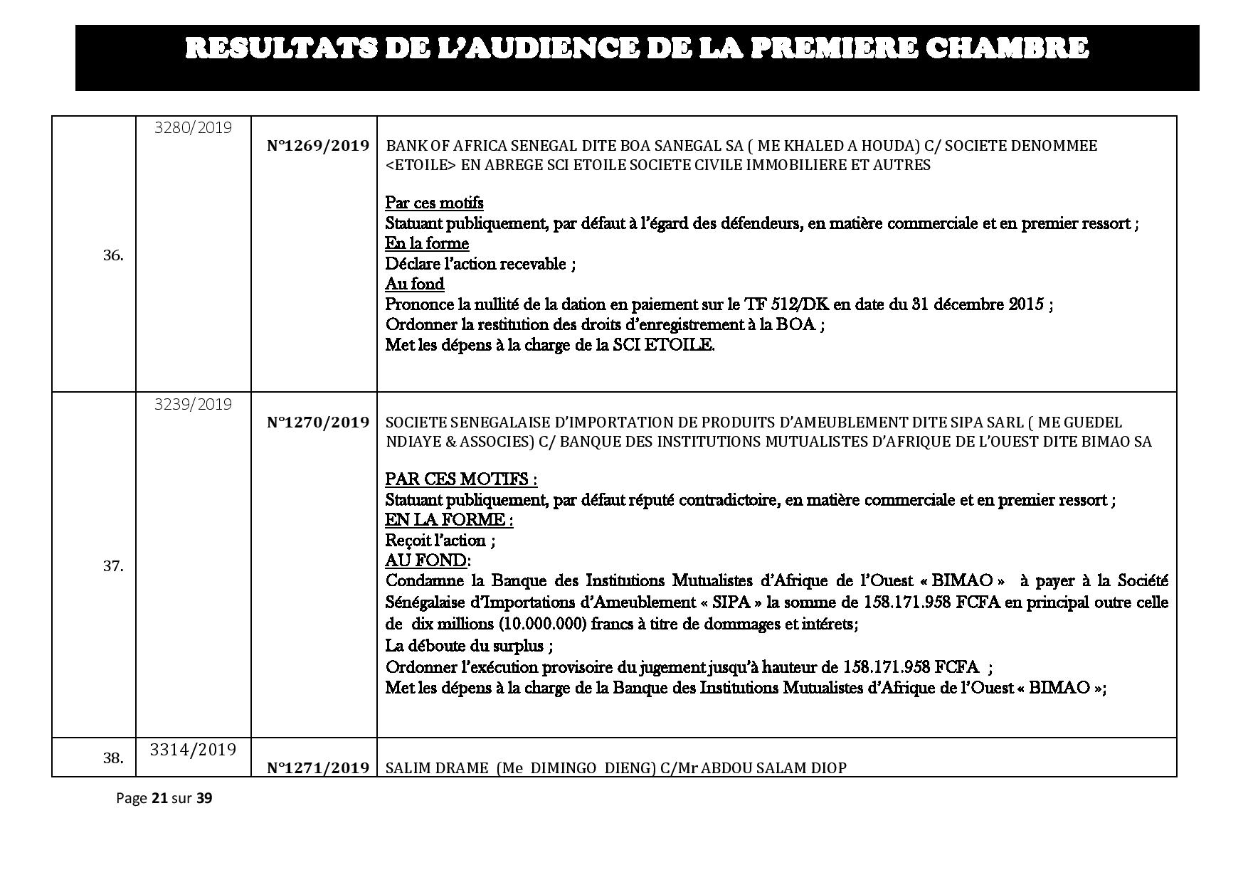 Tribunal du Commerce: Délibérés des Audiences du mercredi 21 août 2019