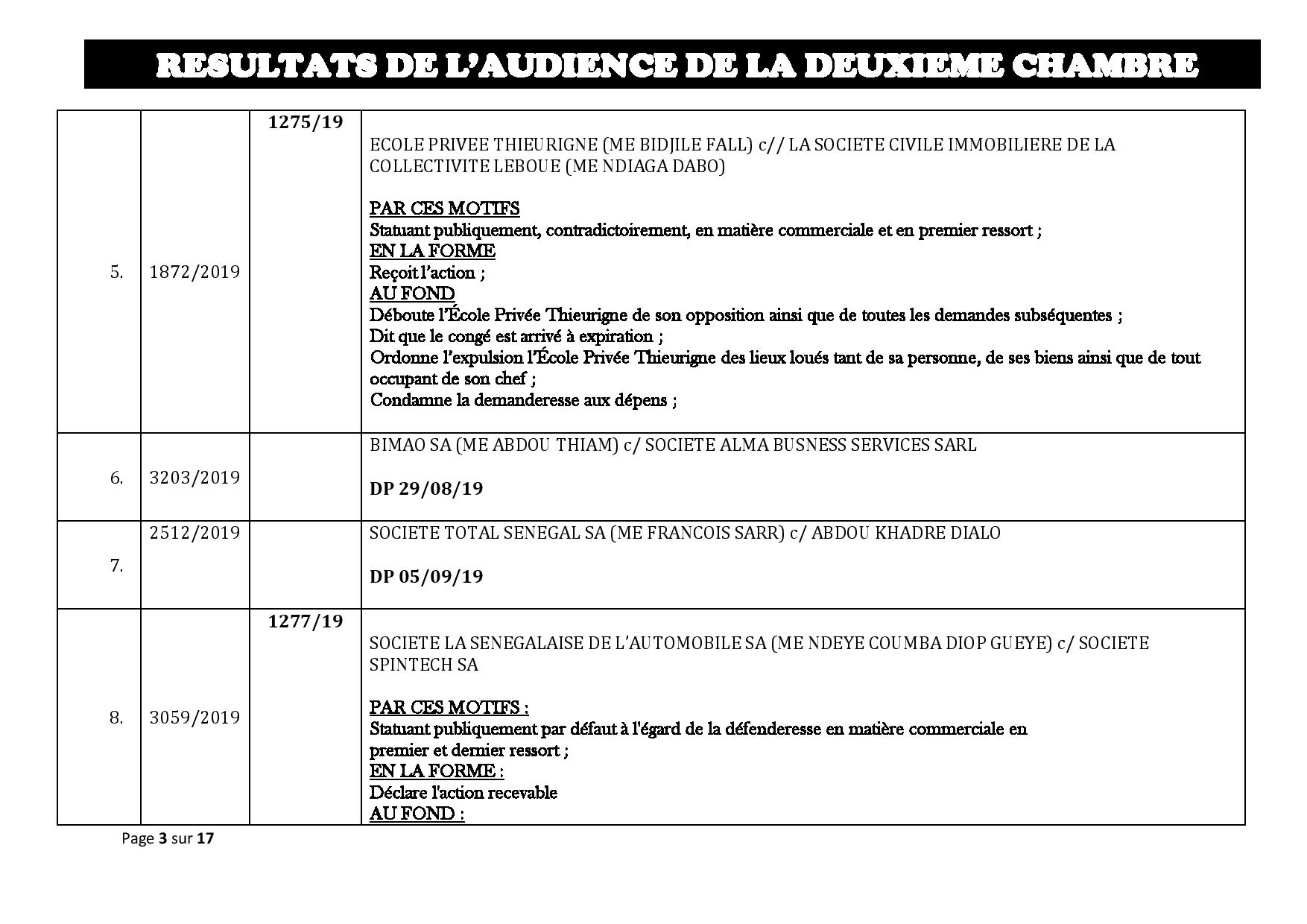 Tribunal du Commerce: Délibérés des Audiences de la 2e Chambre du mercredi 21 août 