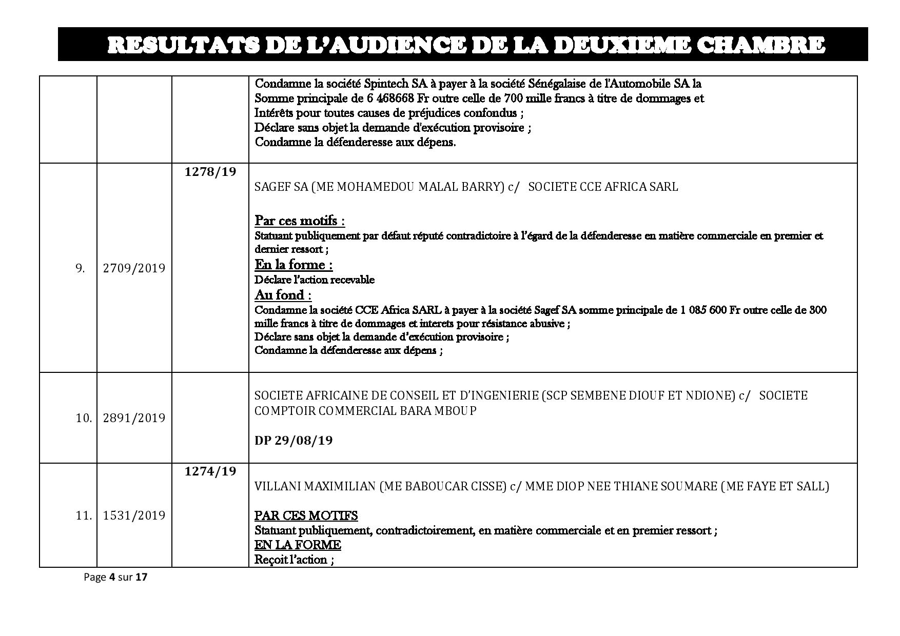 Tribunal du Commerce: Délibérés des Audiences de la 2e Chambre du mercredi 21 août 