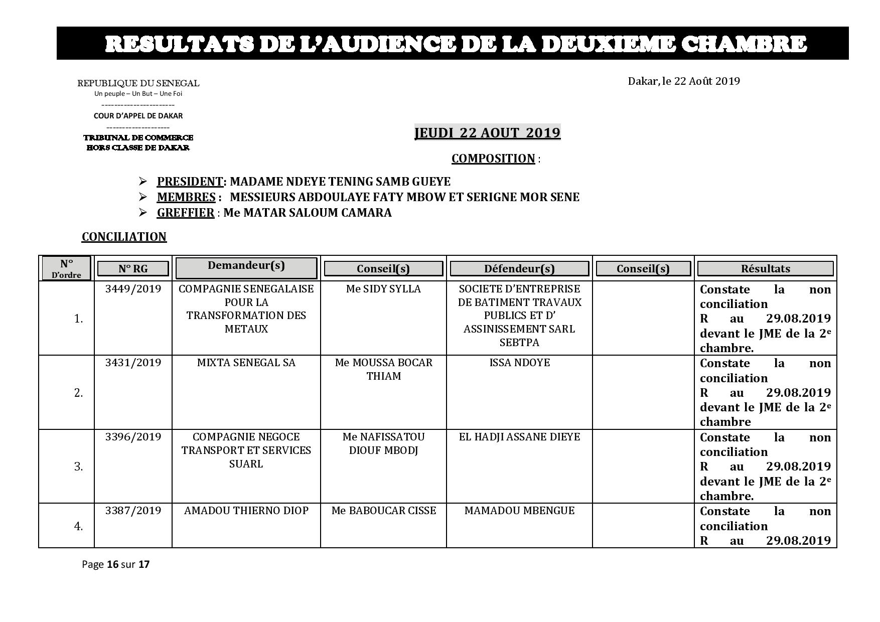 Tribunal du Commerce: Délibérés des Audiences de la 2e Chambre du mercredi 21 août 