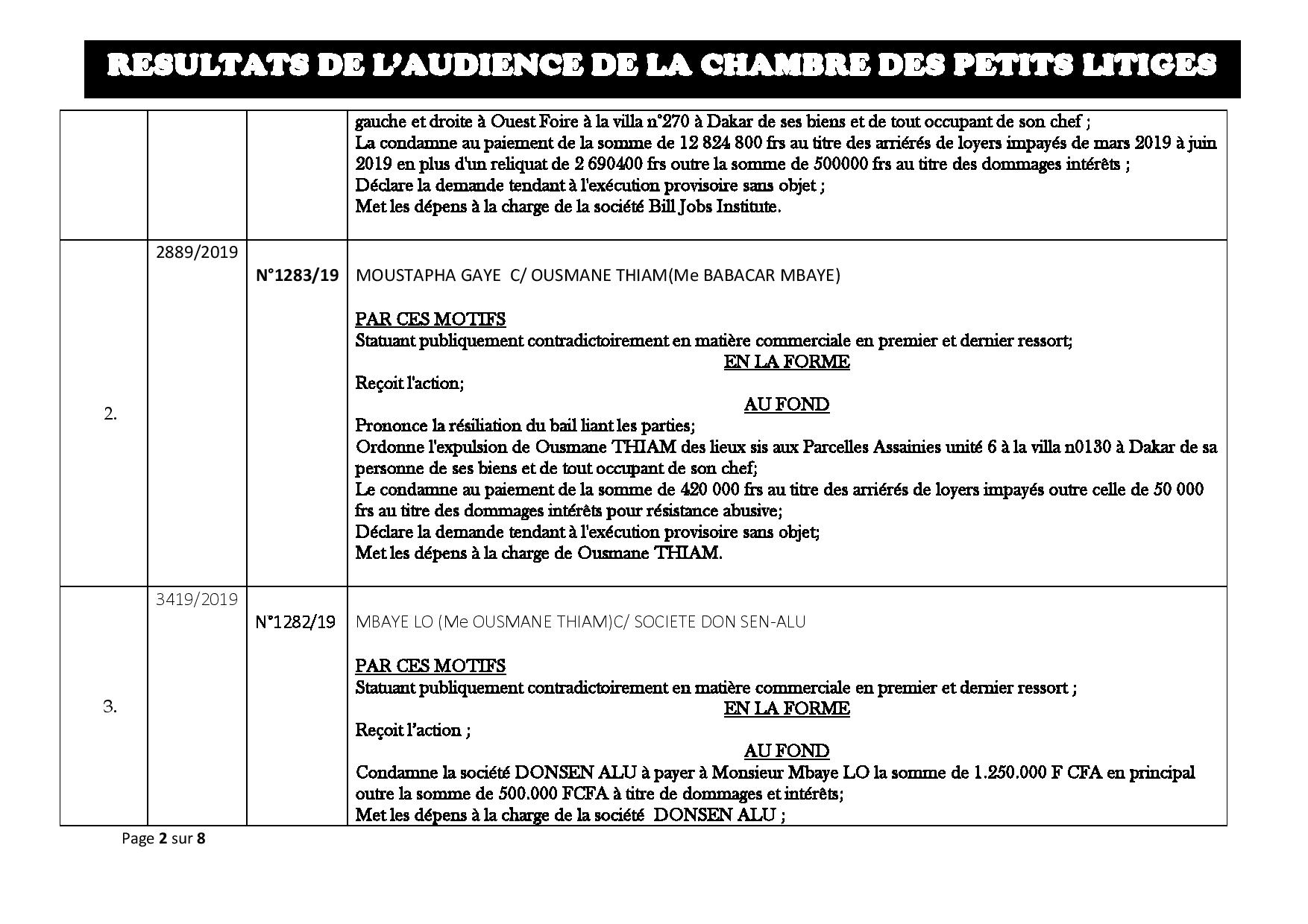 Tribunal du Commerce: Délibérés des Audiences du mardi 27 août 2019