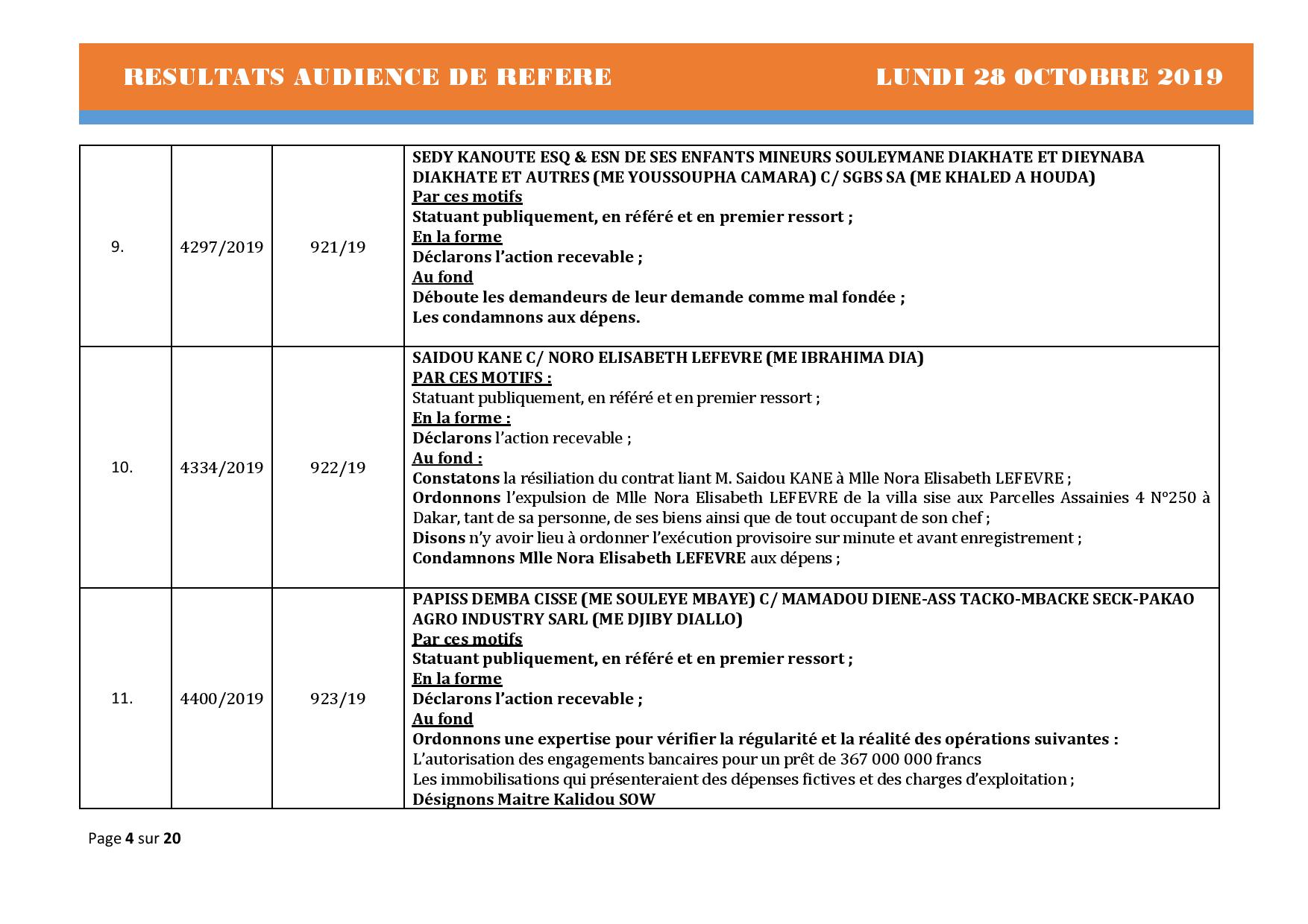 Tribunal du Commerce: Délibérés des Audiences de Référés du lundi 28 octobre