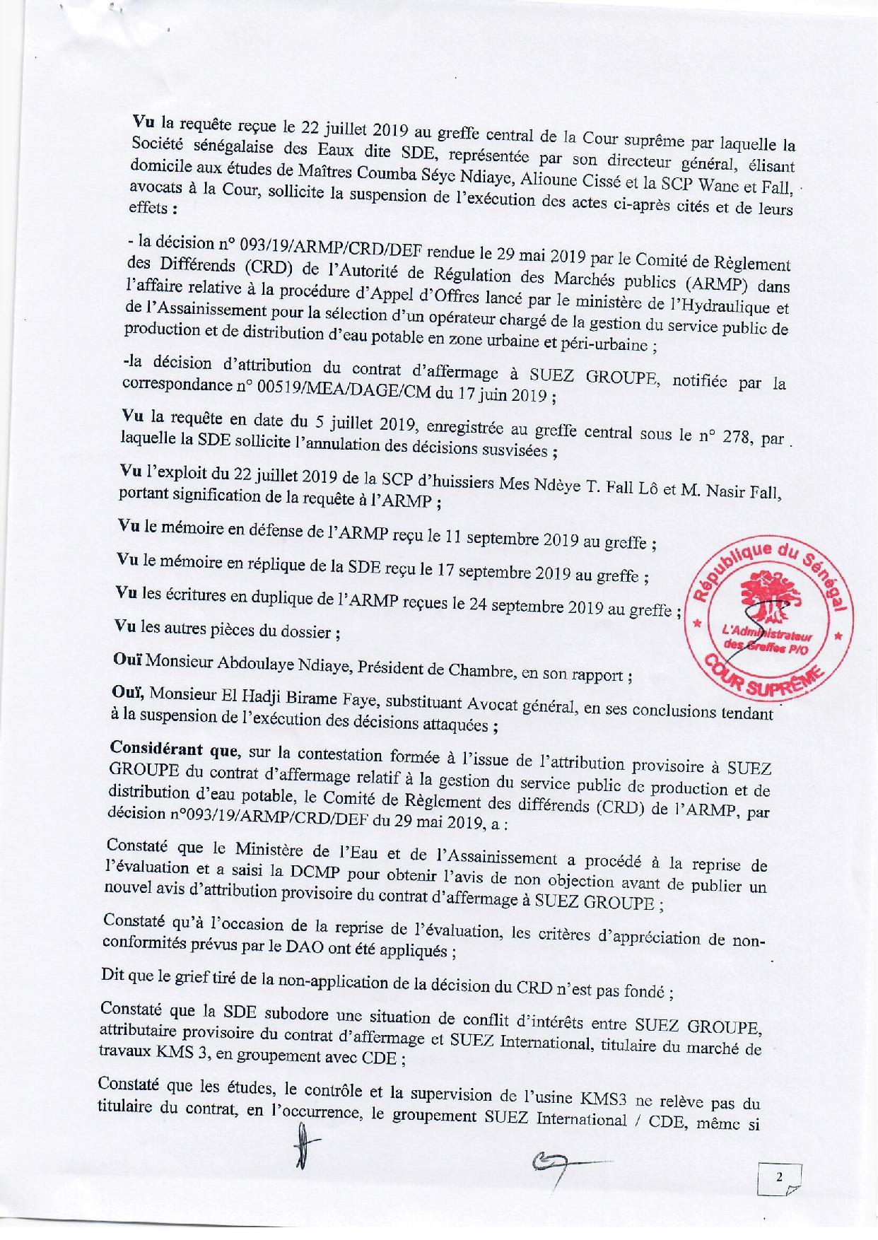 Contrat d’affermage de l’eau : lisez l’intégralité de l’arrêt rendu par la Cour suprême qui déboute  la SDE