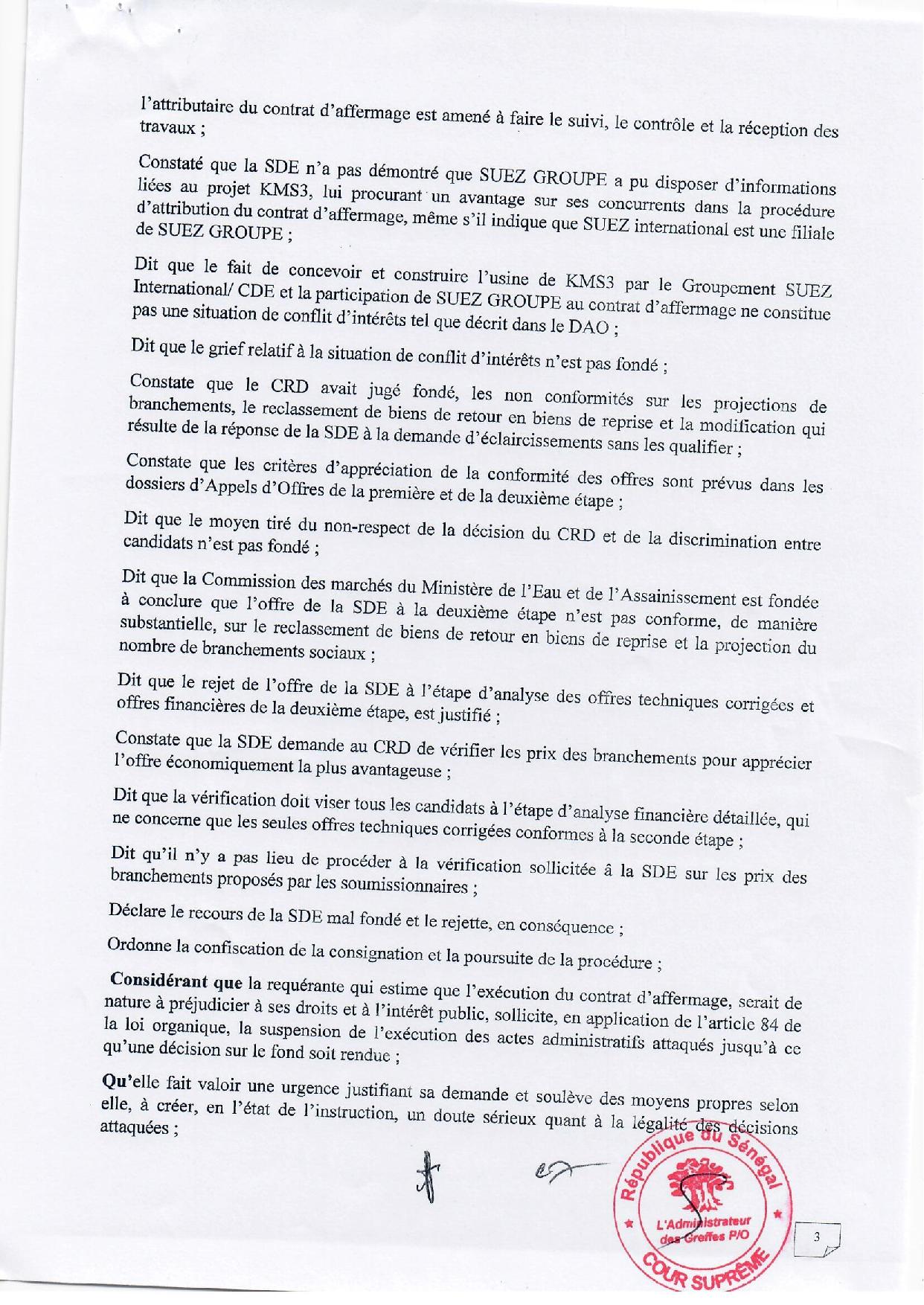 Contrat d’affermage de l’eau : lisez l’intégralité de l’arrêt rendu par la Cour suprême qui déboute  la SDE