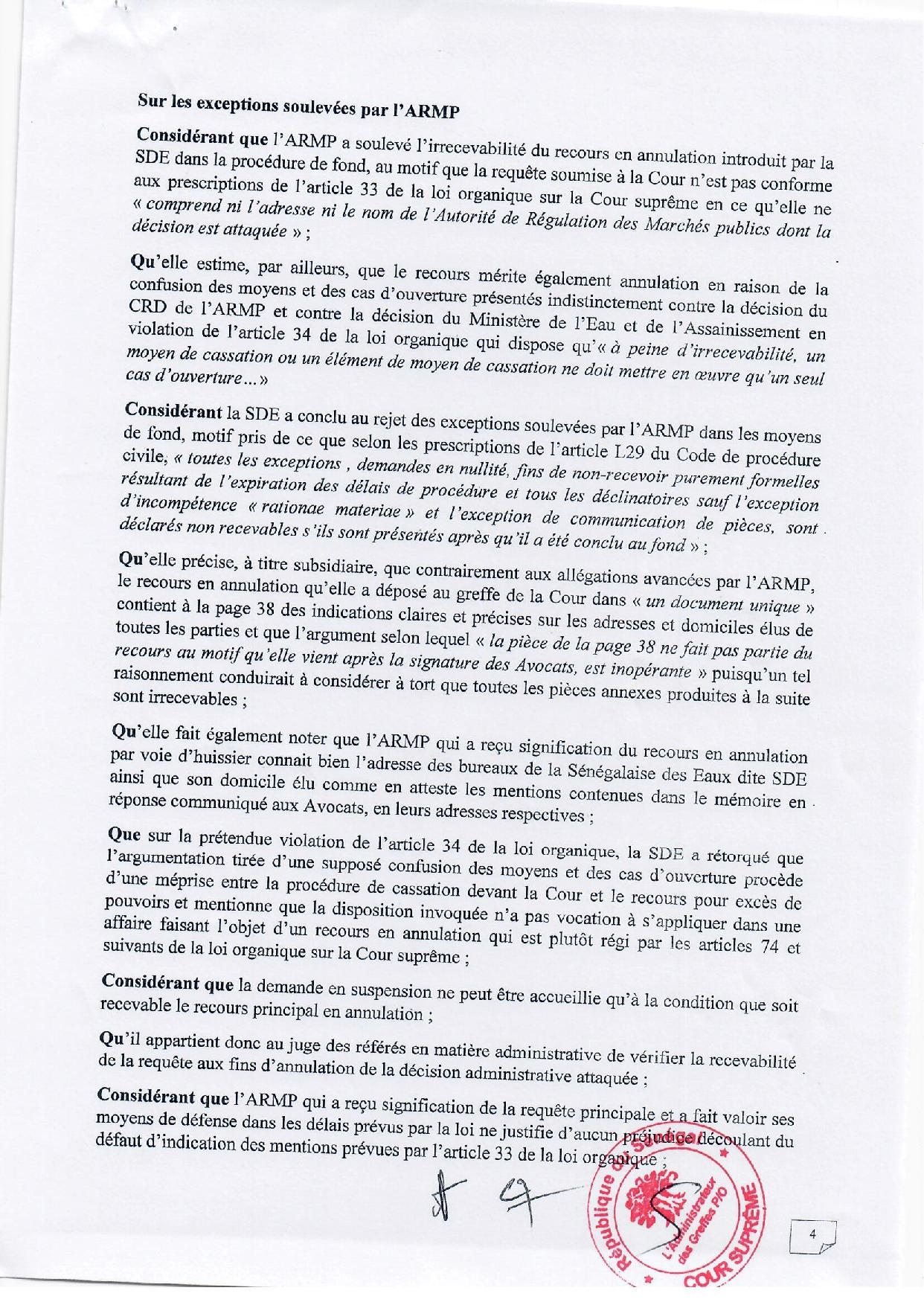 Contrat d’affermage de l’eau : lisez l’intégralité de l’arrêt rendu par la Cour suprême qui déboute  la SDE