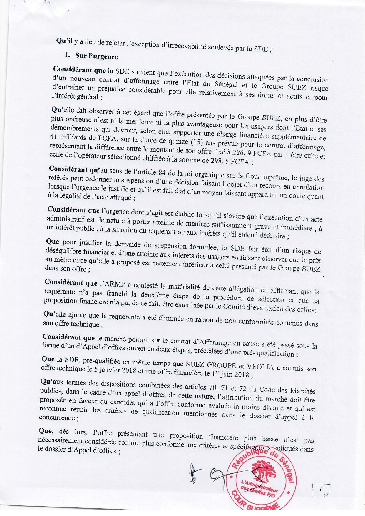 Contrat d’affermage de l’eau : lisez l’intégralité de l’arrêt rendu par la Cour suprême qui déboute  la SDE