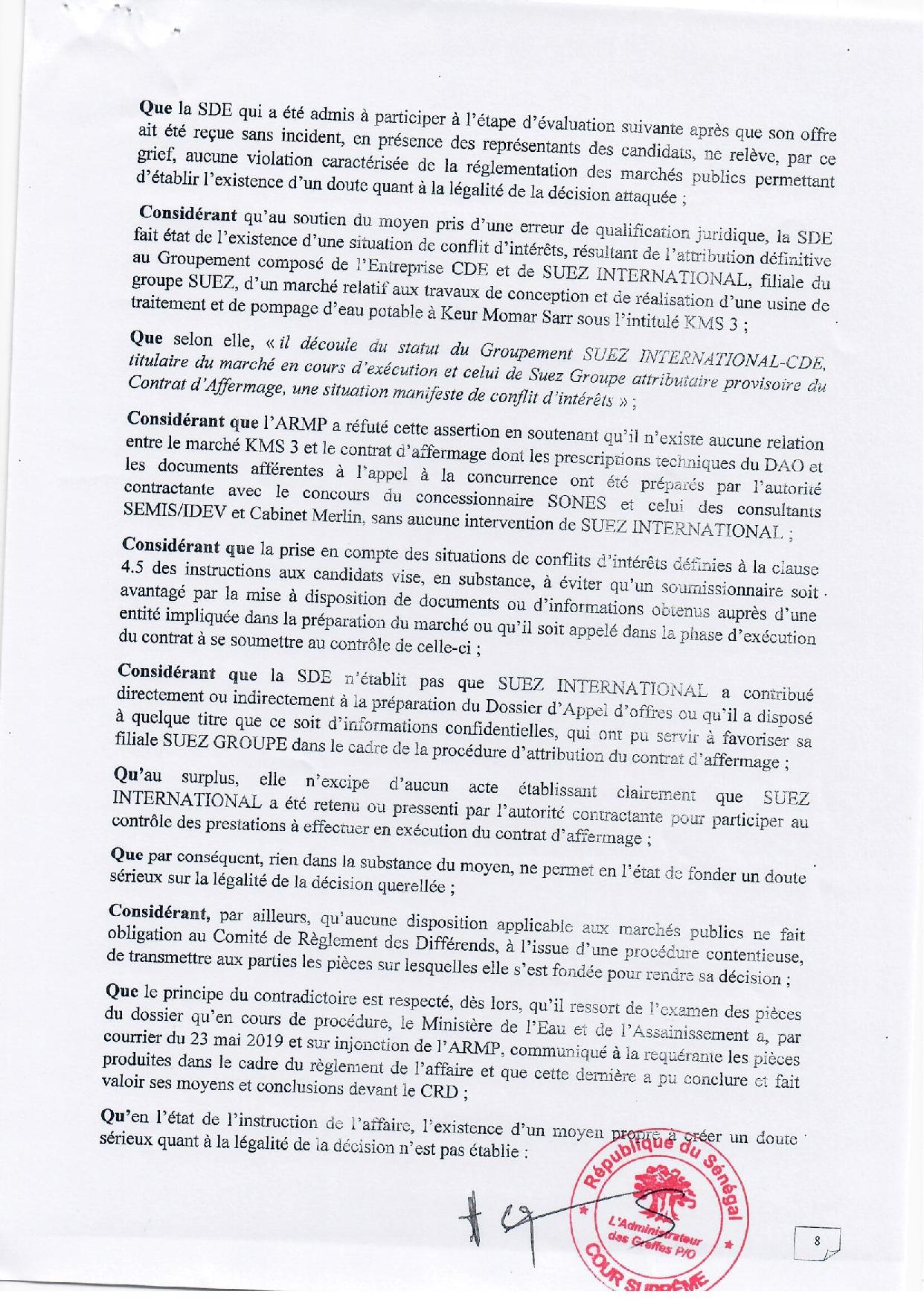 Contrat d’affermage de l’eau : lisez l’intégralité de l’arrêt rendu par la Cour suprême qui déboute  la SDE