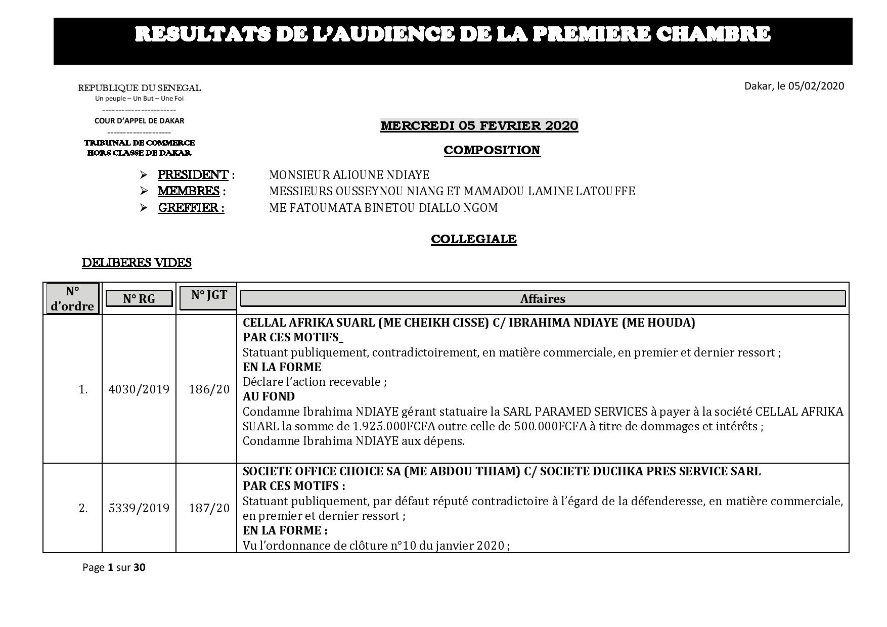 Tribunal du Commerce: Délibérés des Audiences de la Première Chambre du mercredi 5 février