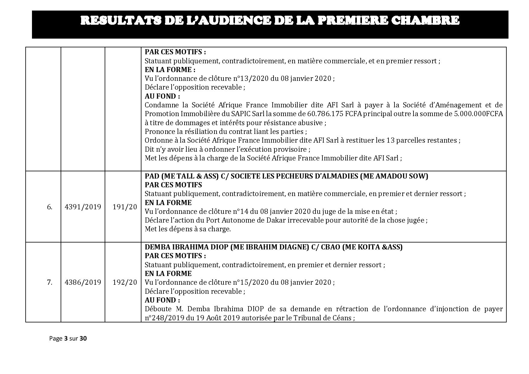 Tribunal du Commerce: Délibérés des Audiences de la Première Chambre du mercredi 5 février