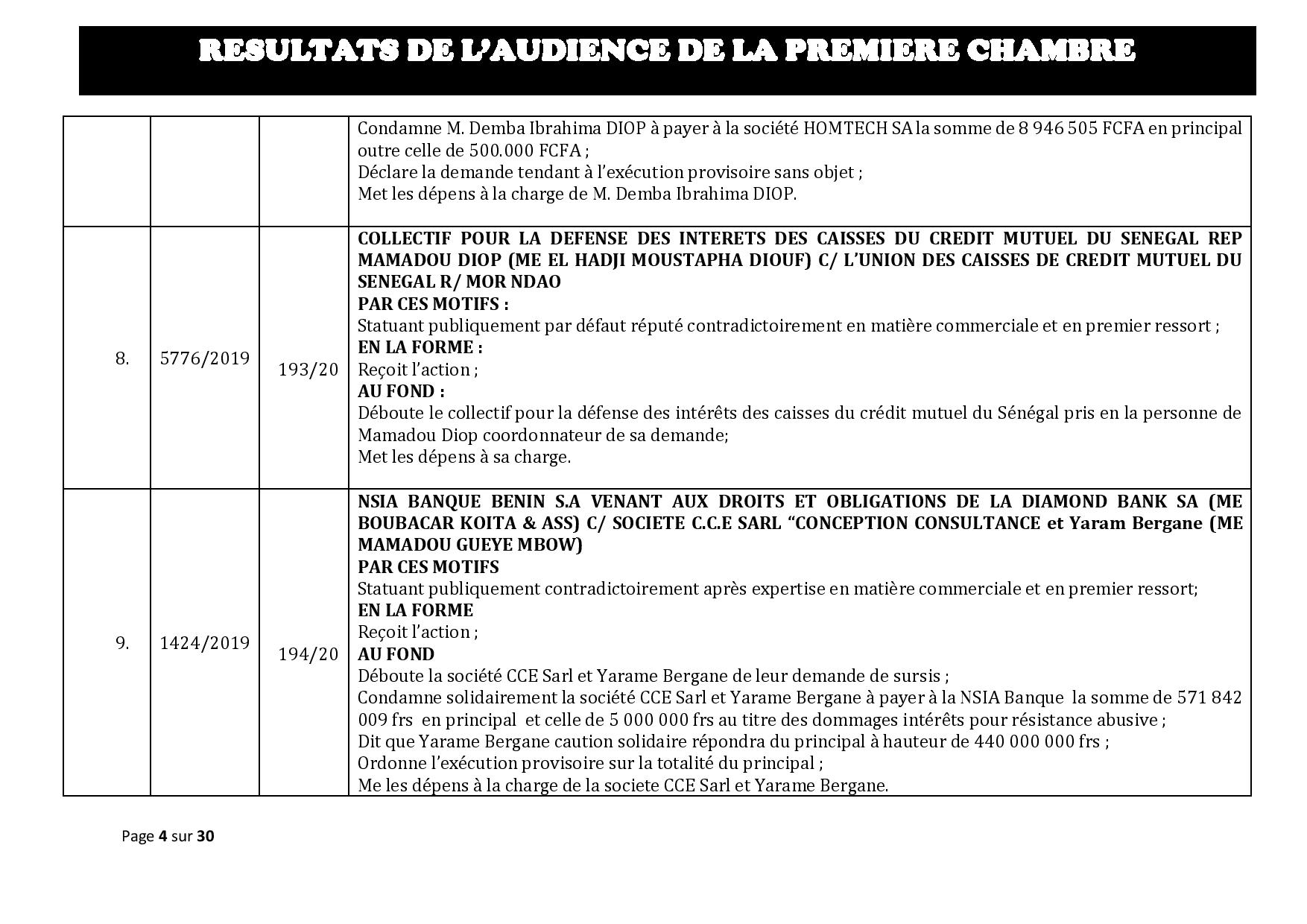 Tribunal du Commerce: Délibérés des Audiences de la Première Chambre du mercredi 5 février