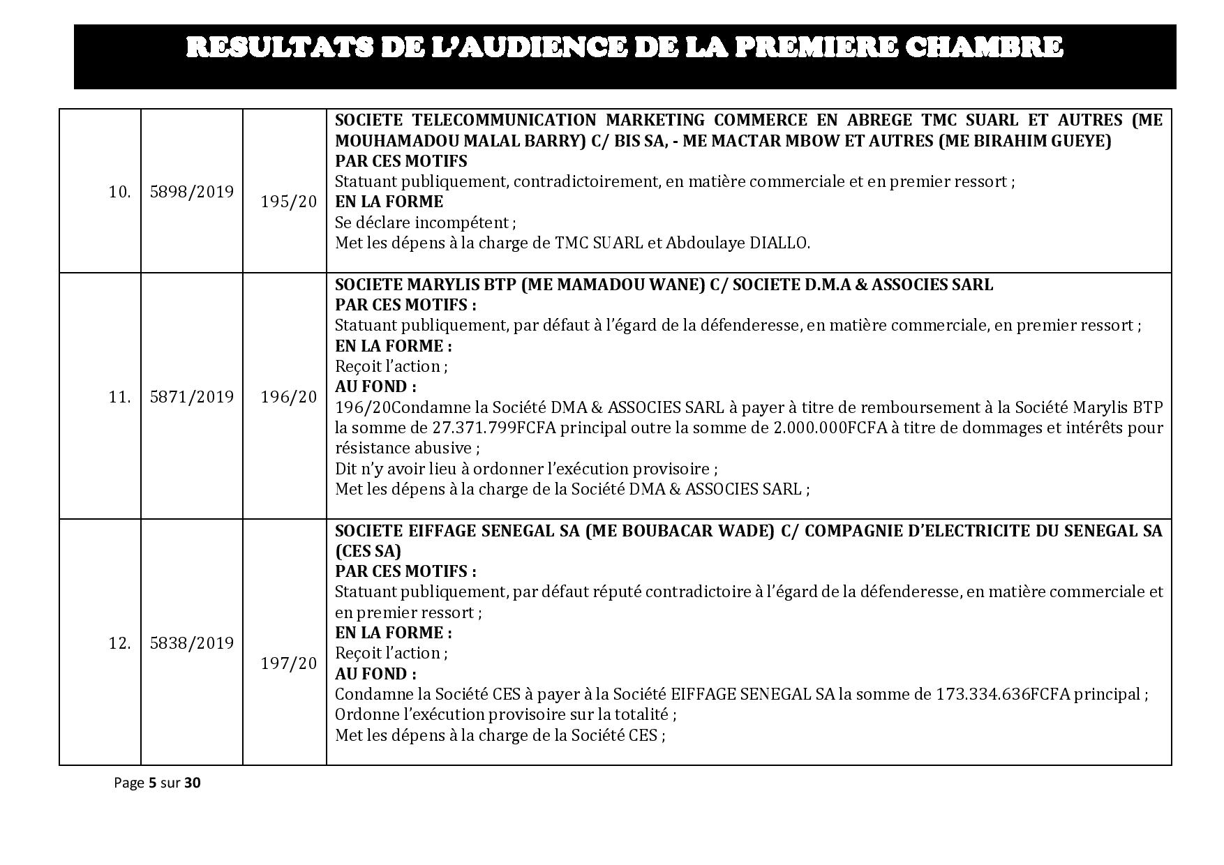 Tribunal du Commerce: Délibérés des Audiences de la Première Chambre du mercredi 5 février