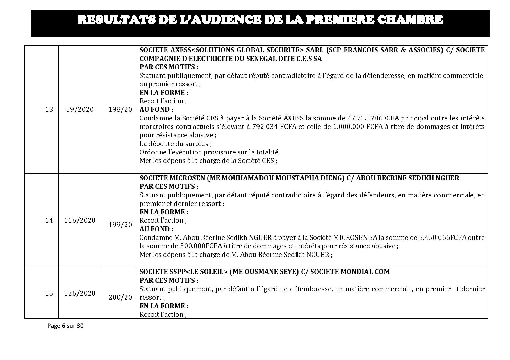 Tribunal du Commerce: Délibérés des Audiences de la Première Chambre du mercredi 5 février