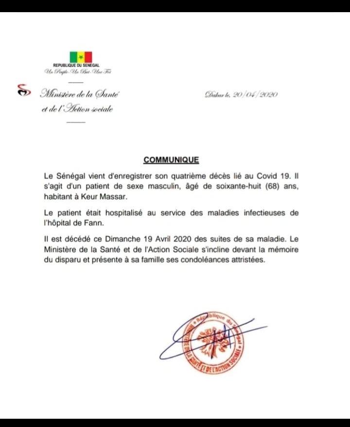 URGENT ! Le Sénégal enregistre son 4e décès (DOCUMENT)