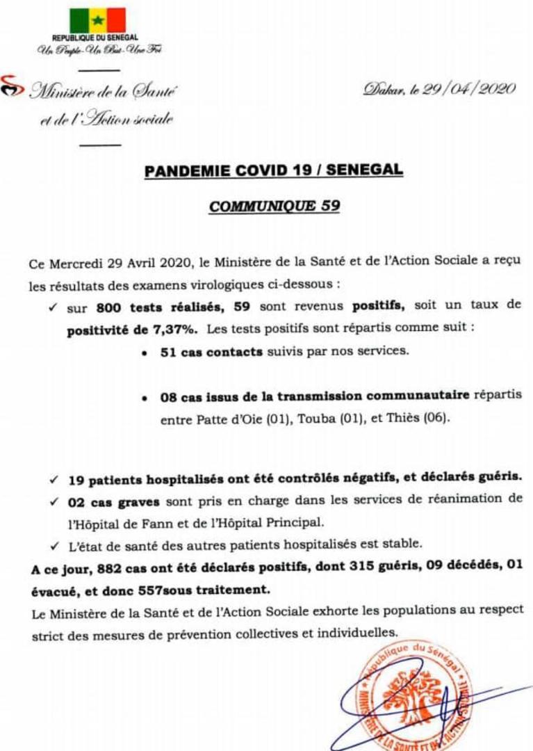 Infos du jour sur le Covid-19: 59 nouveaux cas enregistrés ce mercredi 29 avril 2020