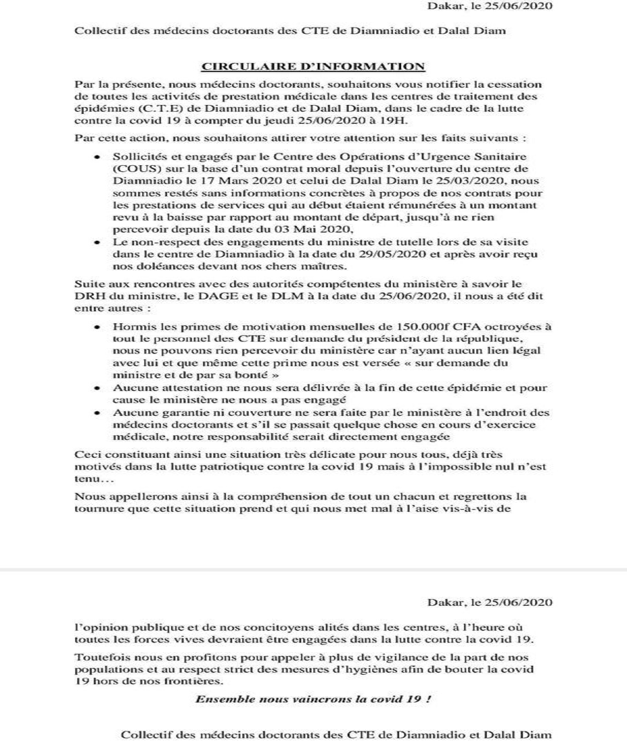 Santé: ces raisons qui motivent la cessation d’activités des médecins doctorants de Diamniadio-Dalam Diaam, en pleine pandémie de COVID-19