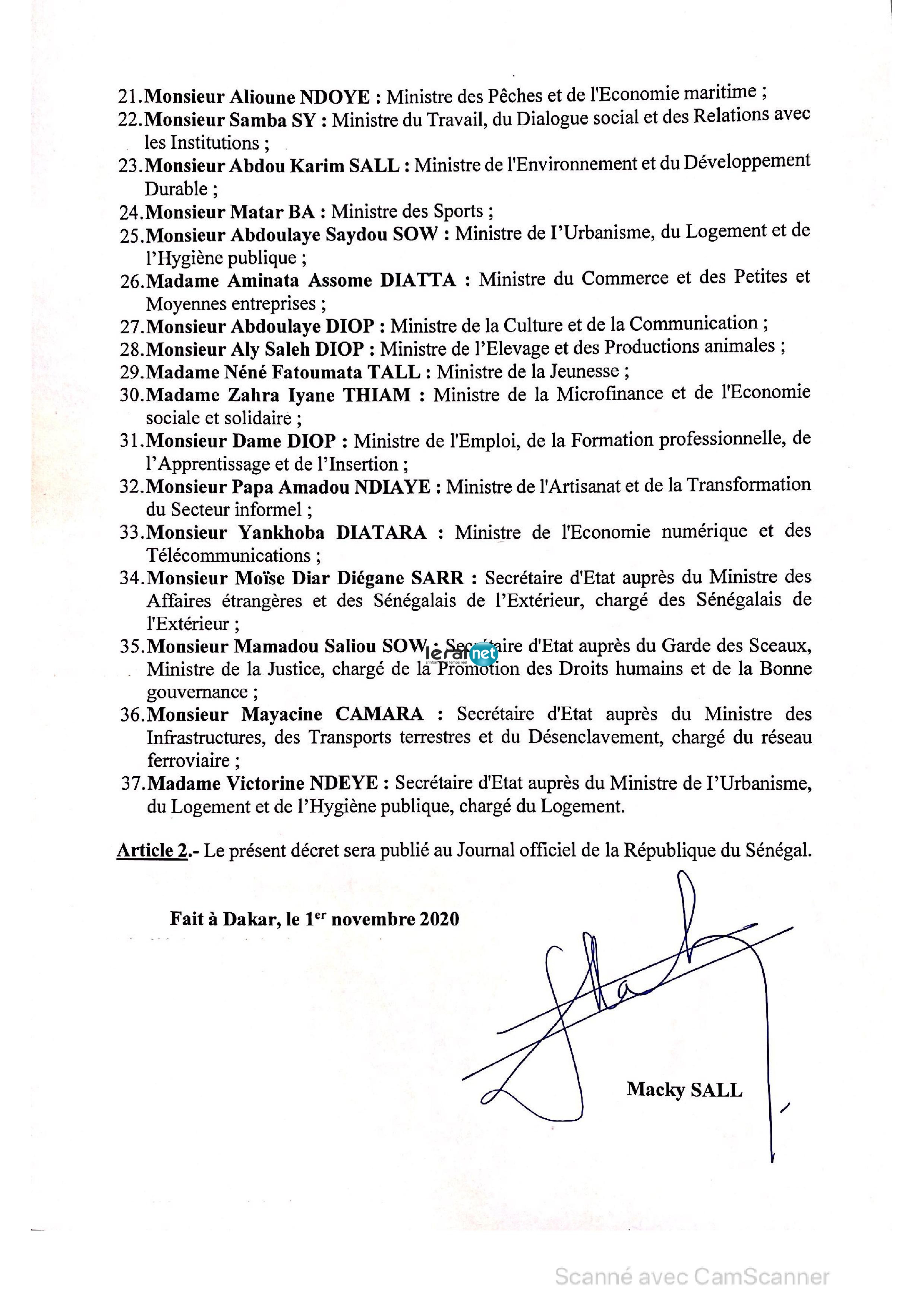 Voici la liste du gouvernement de Macky Sall ( Documents Leral )