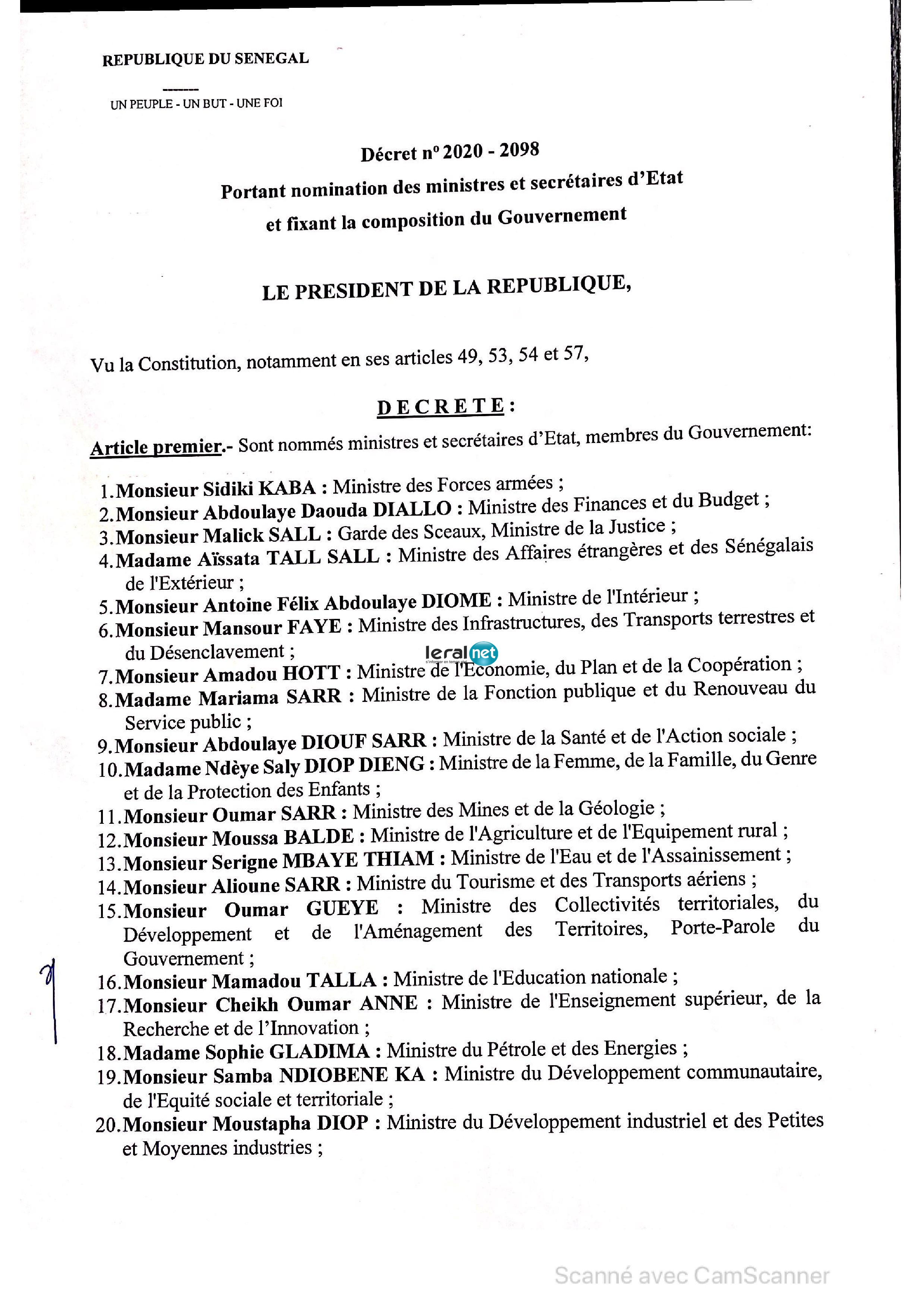 Voici la liste du gouvernement de Macky Sall ( Documents Leral )