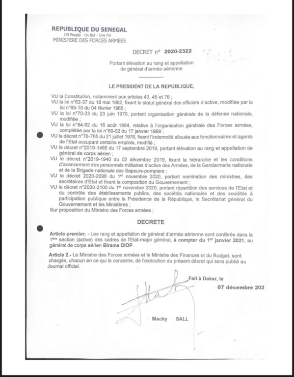 Armée aérienne sénégalaise: Le Général Birame Diop promu (DÉCRET)