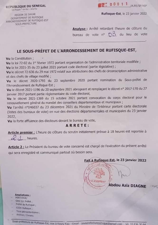 Rufisque-Est: L'heure de clôture du scrutin prévue à 18h, est reportée jusqu'à 21 heures