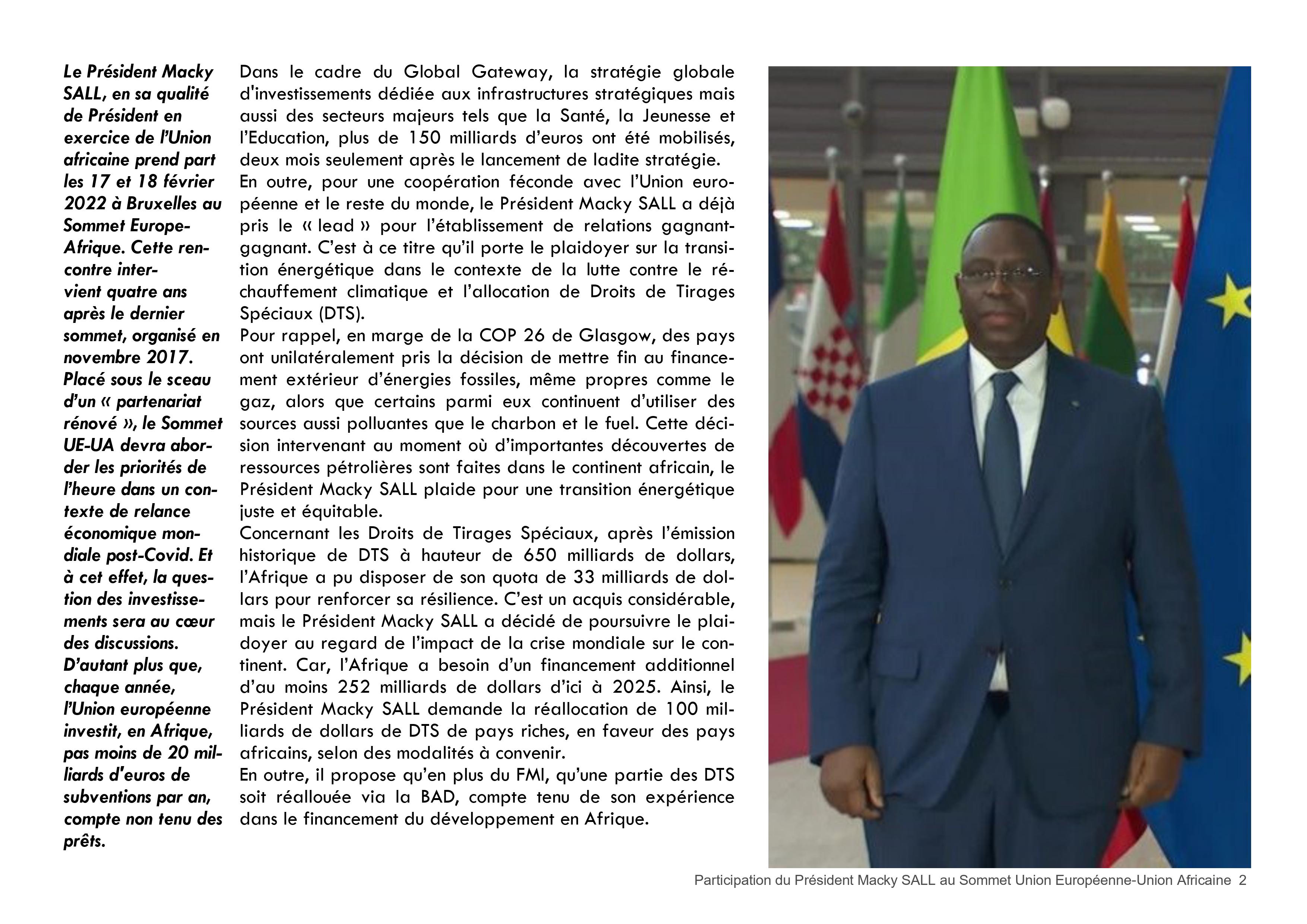 PARTICIPATION DU PRESIDENT MACKY SALL AU SOMMET UNION EUROPEENNE-UNION AFRICAINE