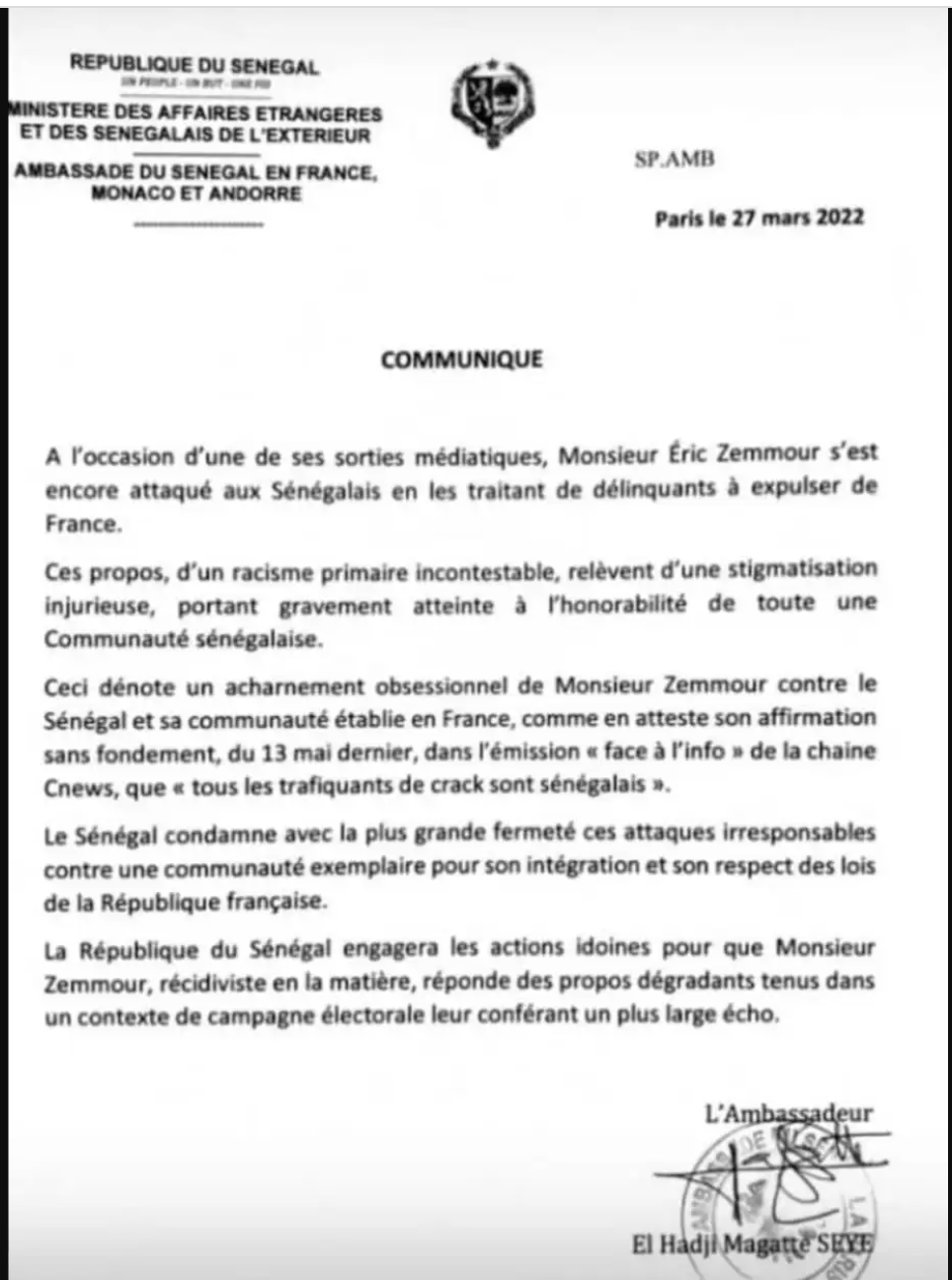 France : L’Ambassadeur du Sénégal en France, El Hadj Maguette Sèye, condamne les injures d’Eric Zemmour ￼