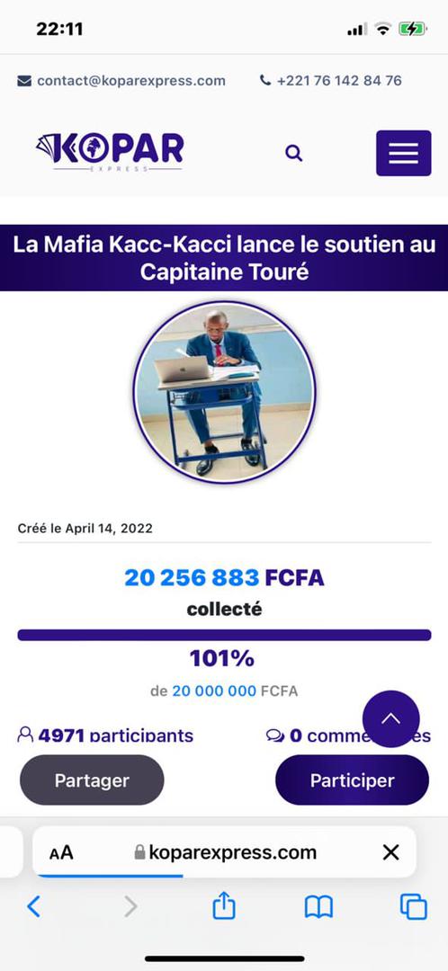 Cotisations record : 20 mois de salaire pour capitaine Oumar Touré, avec 20 millions récoltés