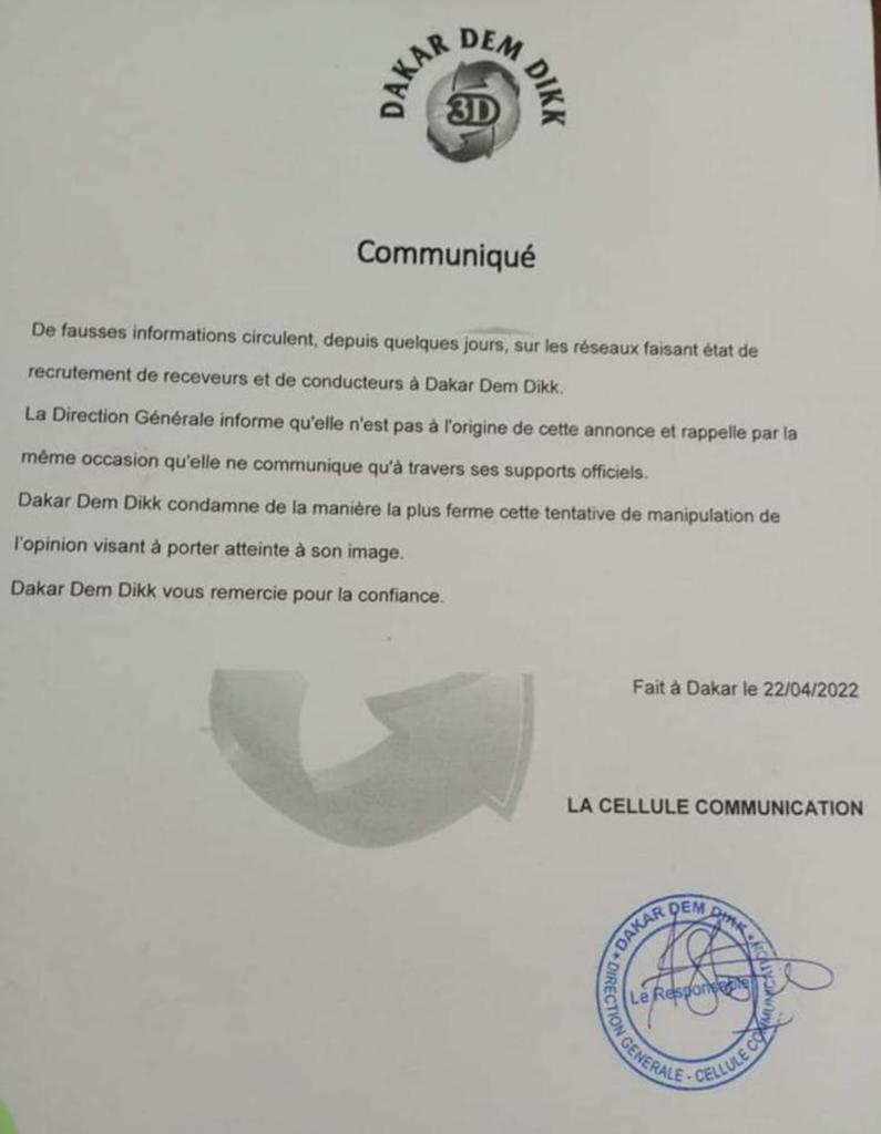 Recrutement de receveurs et de conducteurs : Dakar Dem Dikk dément et précise