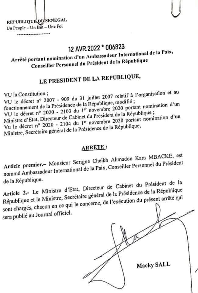 Serigne Modou Kara Mbacké nommé Ambassadeur de la Paix et Conseiller personnel de Macky Sall (Document)