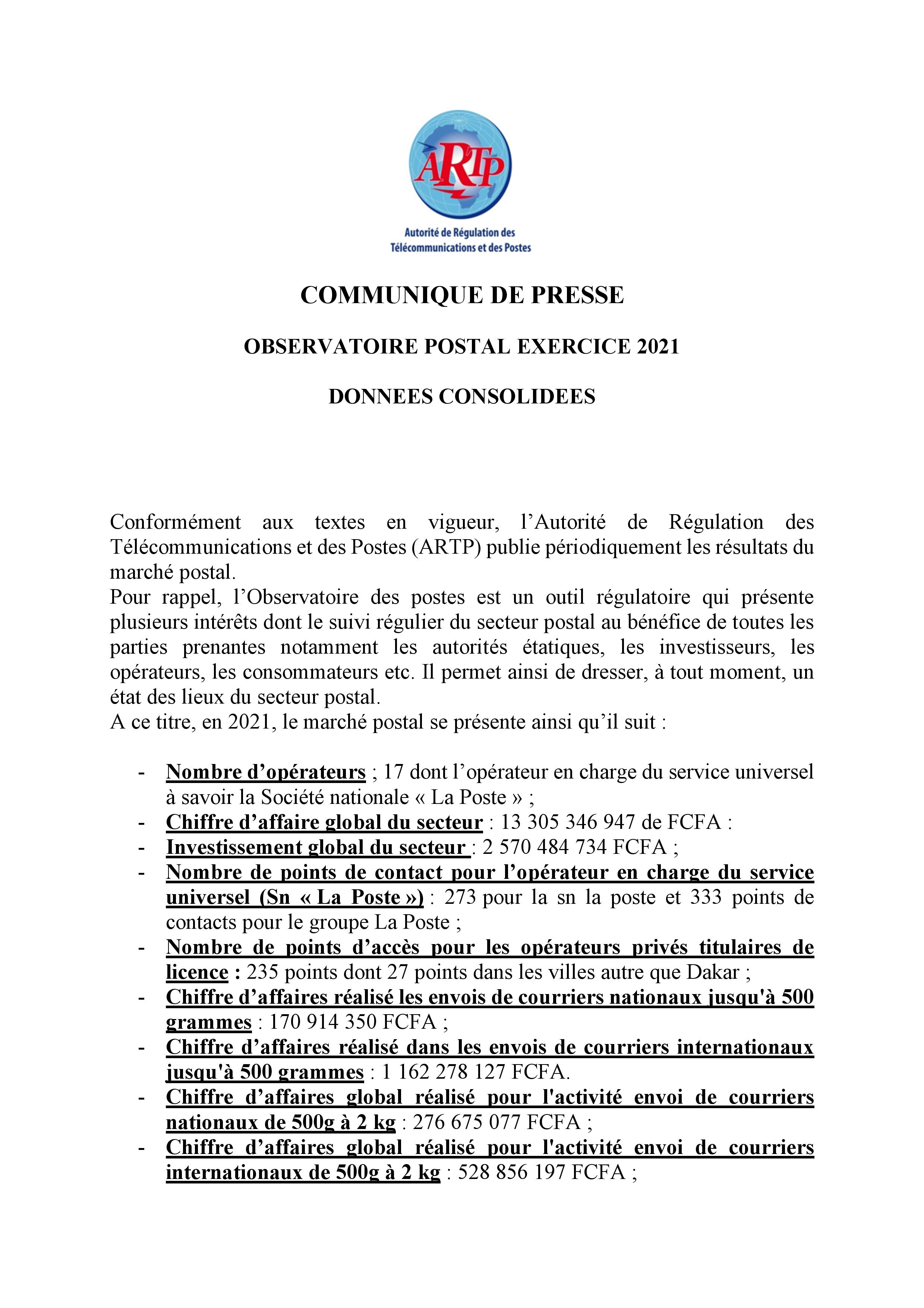 Eclairage sur les données  de l’exercice 2021 livrées par l’Observatoire: le Chiffre d’affaires  de la poste a chuté 24% de 2020 à 2021