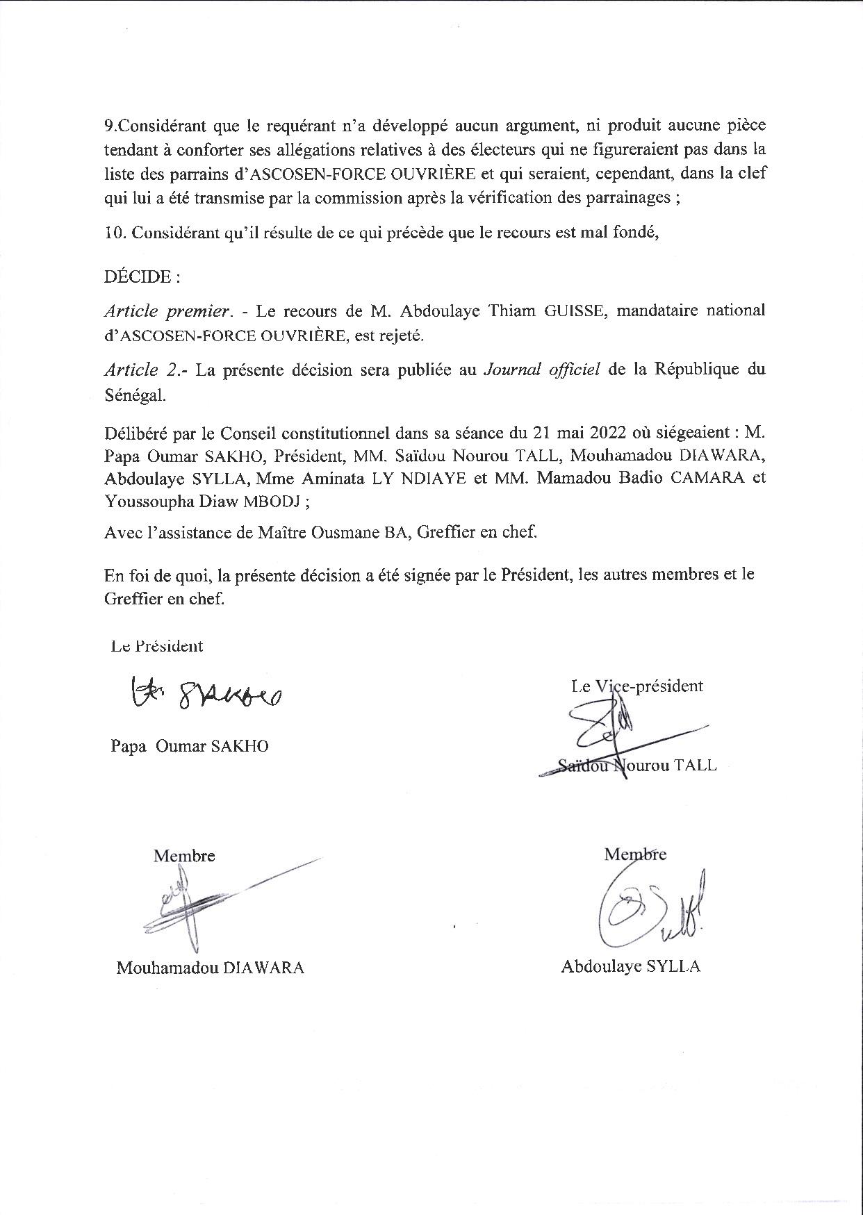 Conseil Constitutionnel : le recours de Abdoulaye Thiam Guissé, mandataire national d'ASCOSEN-FORCE OUVRIERE, rejeté