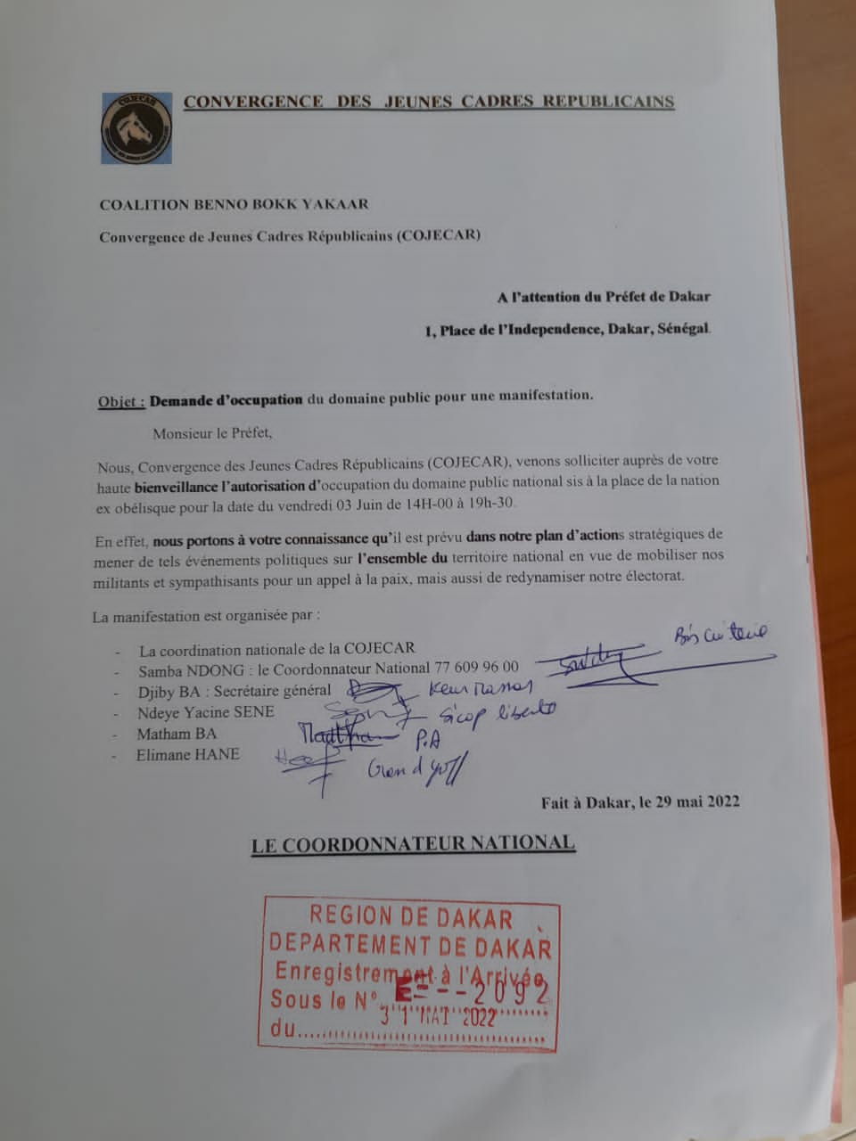 Manifestation populaire du 3 juin 2022 : la COJECAR répond à YAW par une autorisation d'occupation