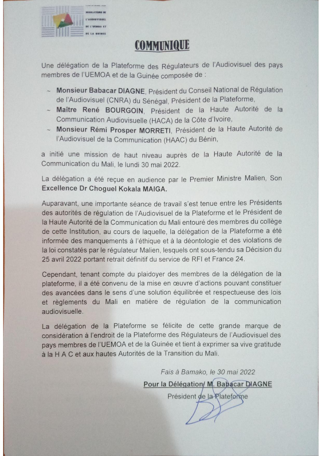 Une délégation de la Plateforme des régulateurs de l’audiovisuel des pays membres de l’UEMOA et de la Guinée, reçue en audience par le Premier ministre malien