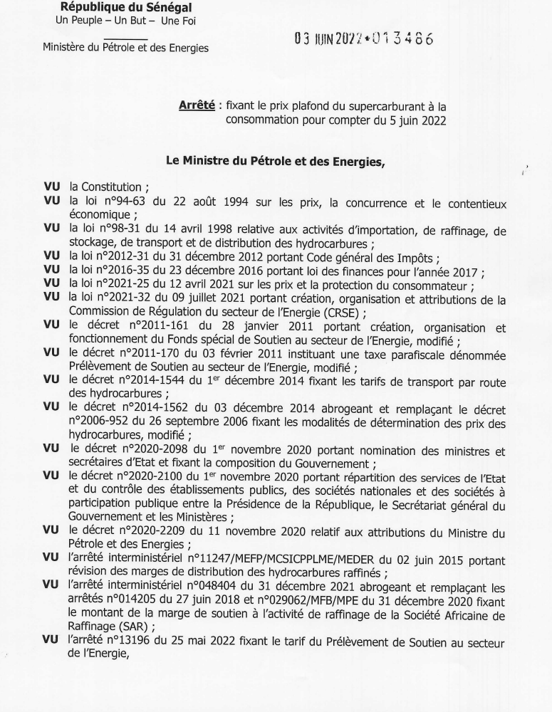 Arrêté : Le prix à la pompe du supercarburant passe à 890 FCfa le litre (Document)