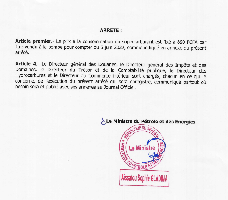 Arrêté : Le prix à la pompe du supercarburant passe à 890 FCfa le litre (Document)