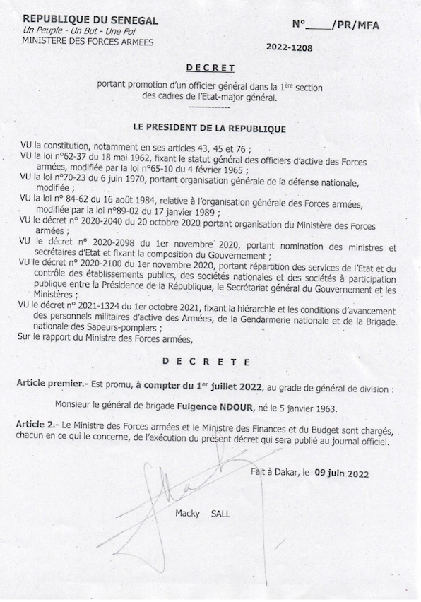 Fulgence Ndour nommé Sous-chef d’Etat-major général des Armées (Documents)