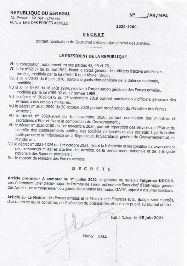 Fulgence Ndour nommé Sous-chef d’Etat-major général des Armées (Documents)