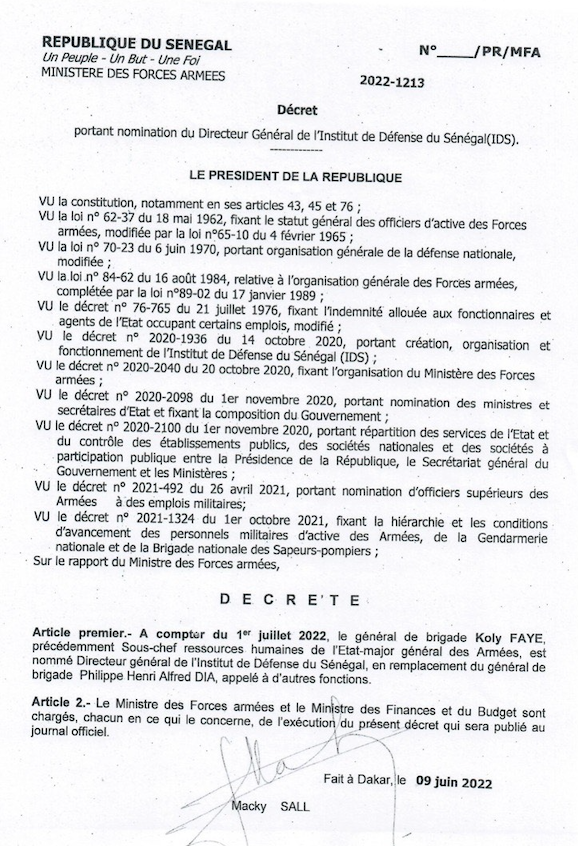 Fulgence Ndour nommé Sous-chef d’Etat-major général des Armées (Documents)