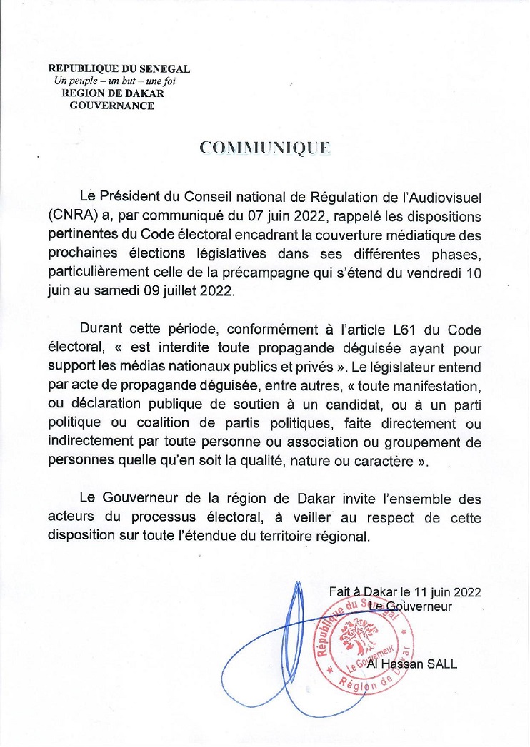 La Précampagne entamée hier et ce, jusqu’au samedi 9 juillet 2022, à minuit : Le rappel du gouverneur de Dakar aux acteurs politiques et médias