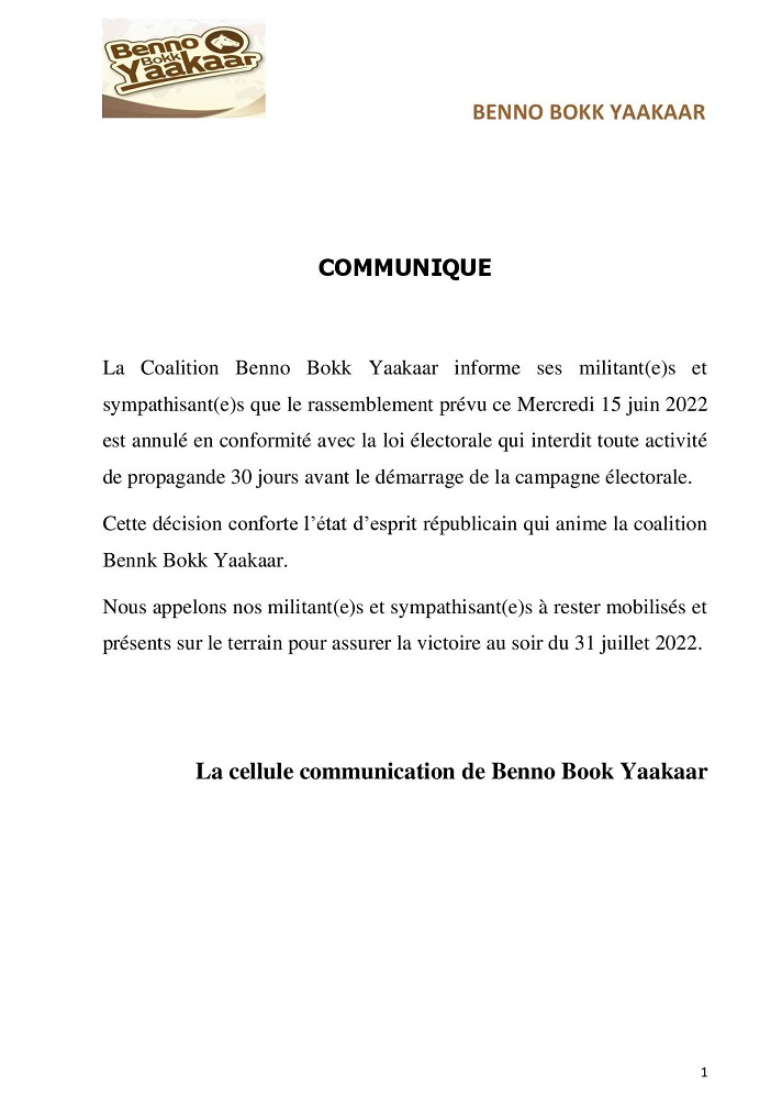 Interdiction de toute activité de propagande avant le démarrage de la campagne : Benno annule son rassemblement prévu le 15 juin