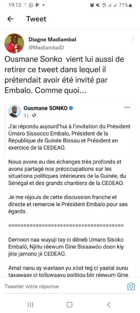 Audience : Umaro Sissoco Embalo confirme Madiambal Diagne,  Ousmane Sonko retire son tweet